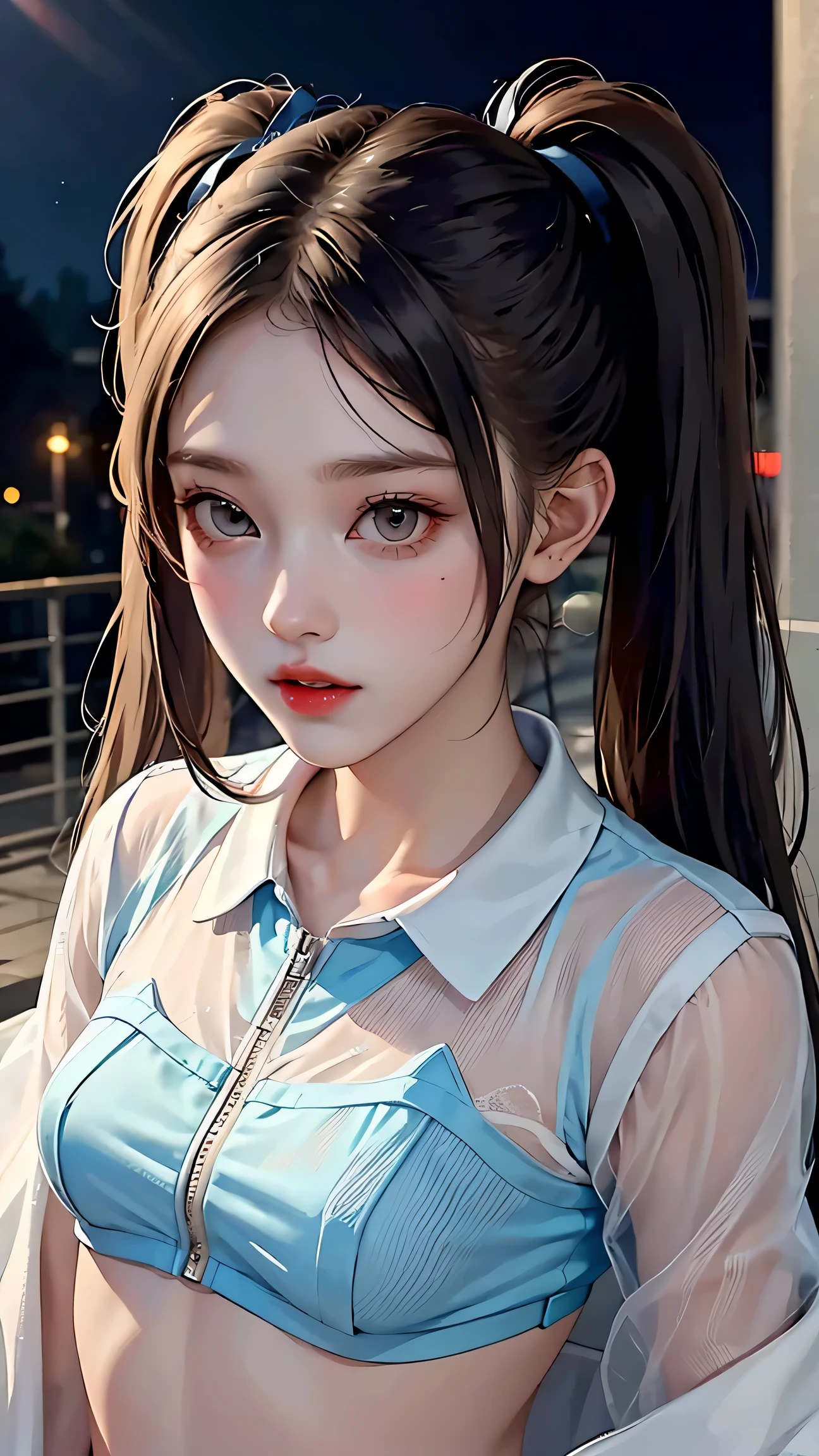 masterpiece, highest quality, One girl, alone, blush, Twin tails, Long Hair, ((See-through streetwear)), Outdoor, night, Movie Posters, Extremely detailed 8K, Smooth, High resolution, super high quality, Cinema Lighting, 16k, Detailed face, Perfect composition, , Atmospheric lighting, Very sexy,(Large Breasts),Small waist