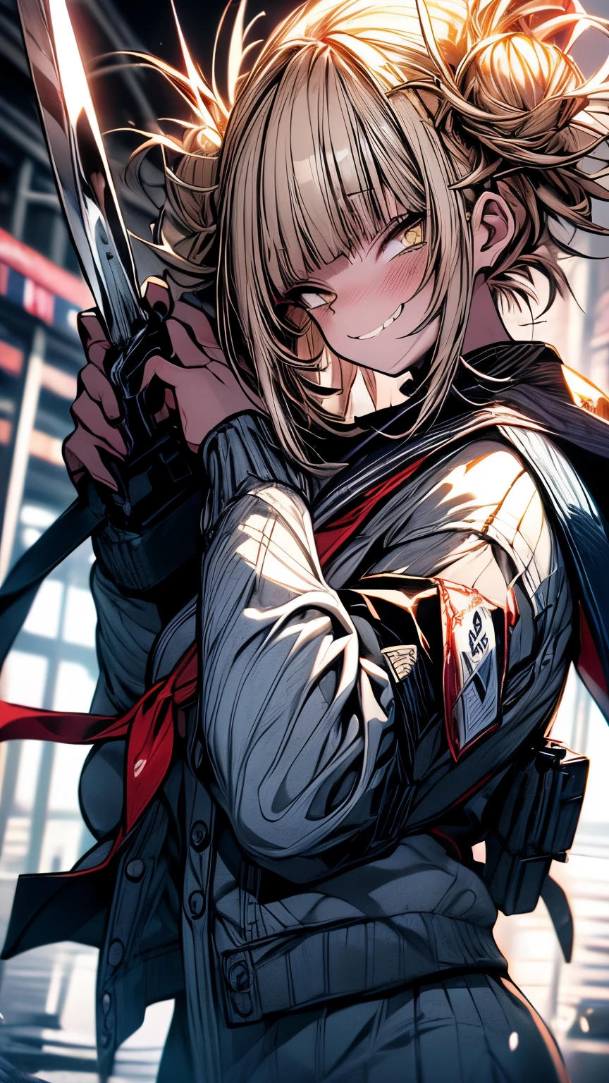 ((((masterpiece, best quality, ultra detail, very_high_resolution, large_filesize, full color)))), One Girl, Sharp Eye, Yellow Eyes, Sailor suit, , Brown cardigan, Have a scythe, A fearless smile, Creepy Smile, have a big weapon, knife, 日本knife, Large sword