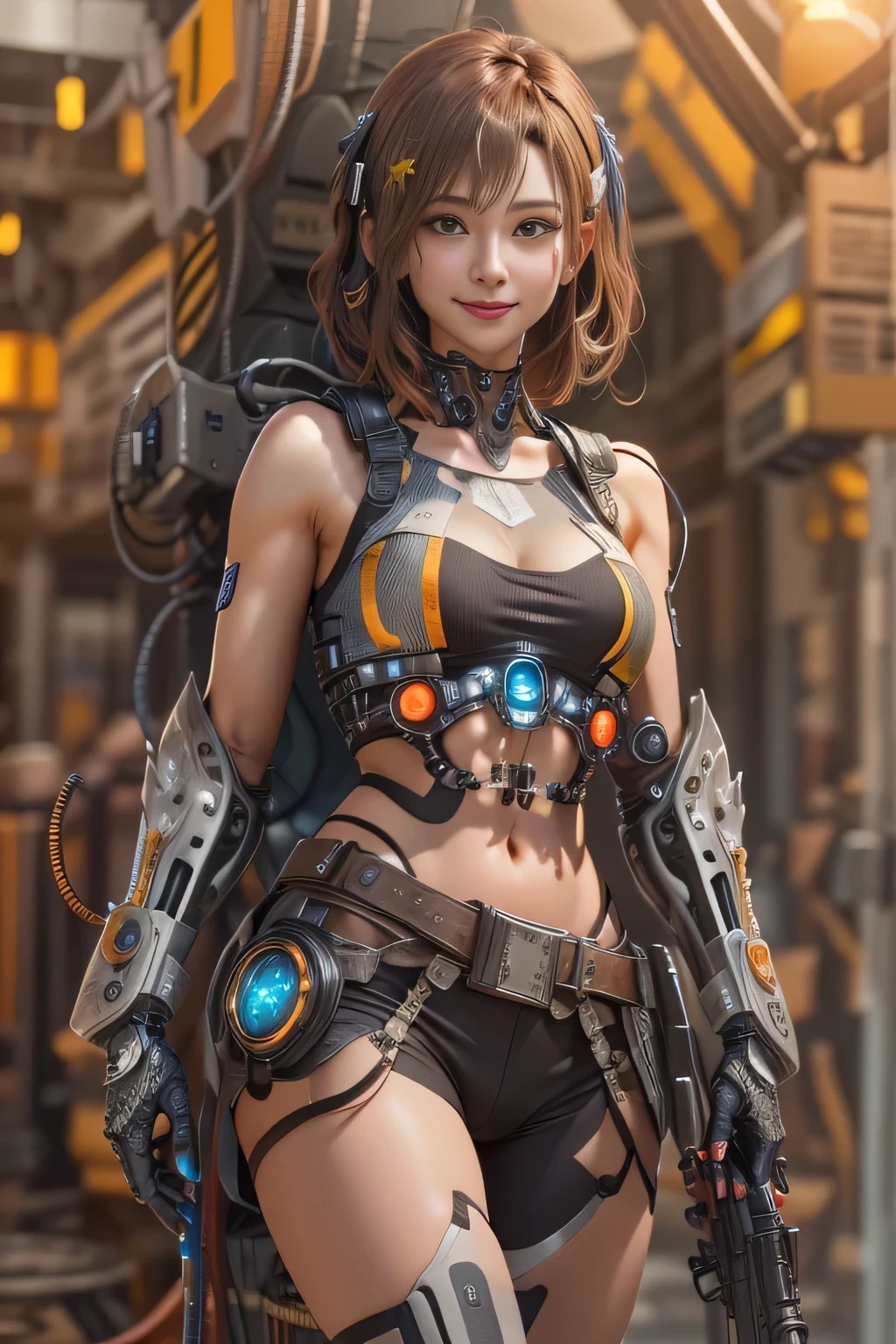 Glowing cyber girl with cybernetic arm,(See-through costume:1.3, )Stand on the post-apocalyptic battlefield.Surrounded by a network of wires. surrounded by circuits. (Cyber girl with a submachine gun:1.3), Shiny light brown and orange striped short hair,Cute Smile,Perfect round face,A bright smile that makes everyone happy,Proper body balance,Tabletop,Ultra-high quality output images,High resolution,Intricate details,Very delicate and beautiful hair,Photo realistic,dream-like,Professional Lighting,Realistic Shadows,Focus Only,Beautiful Hands,Beautiful fingers,Detailed characteristics of the fingers,Detailed garment features,Detailed hair features,Detailed facial features,