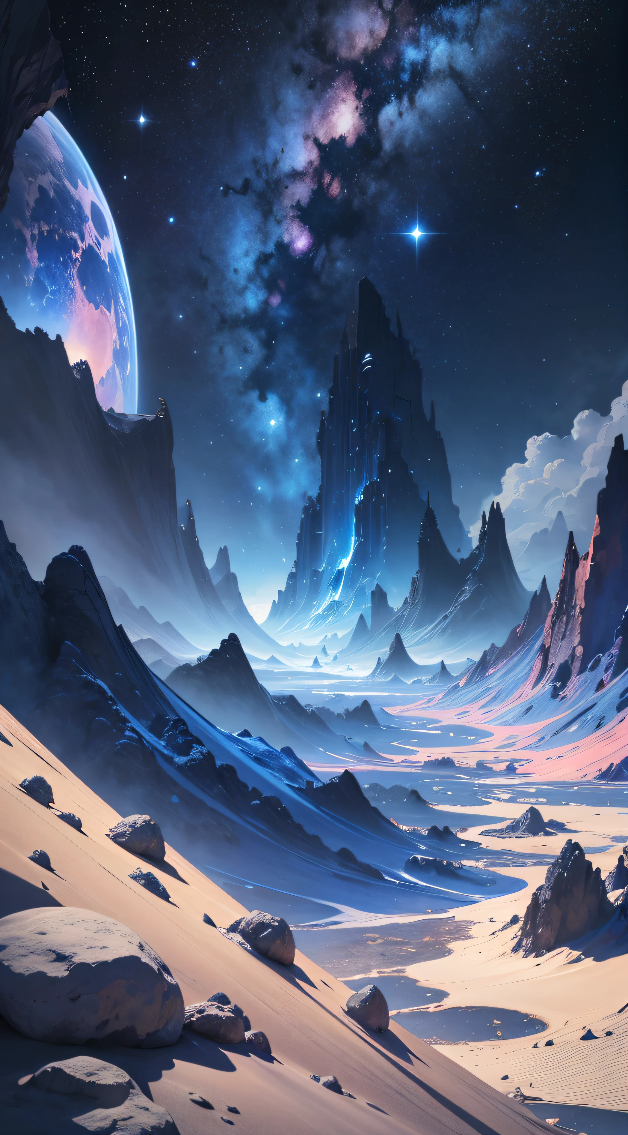 space with all the planets blue and pink colour with bright white stars 3d art realistic dark fantasy world blue,wet,ultra detailed, ultra detailed --auto --s2