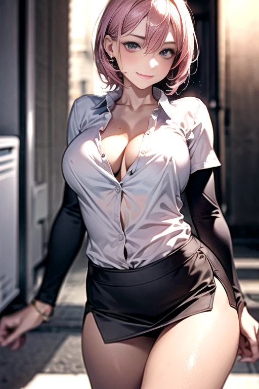 (masterpiece:1.2, highest quality), (Realistic, photoRealistic:1.4), Beautiful illustrations, (Natural Side Lighting, Cinema Lighting), 
Looking at the audience, Face Focus, Upper Body, 1 female, Japanese, Perfect Face, Perfect body, Symmetrical cute face, Shiny skin, , Medium breast:1.4
((short hair:1.7, Pink Hair)), Hair between the eyes, Emerald green eyes, Captivating thighs, thin, 
Beautiful Hair, Beautiful Face, thin and beautiful eyes, Beautiful clavicle, Beautiful body, Beautiful breasts, Beautiful thighs, Beautiful legs, Beautiful fingers, 
(((blouse:1.4), Black tight skirt)), 
(Beautiful views), evening, (office), Are standing, (Cute Smile, Superior),