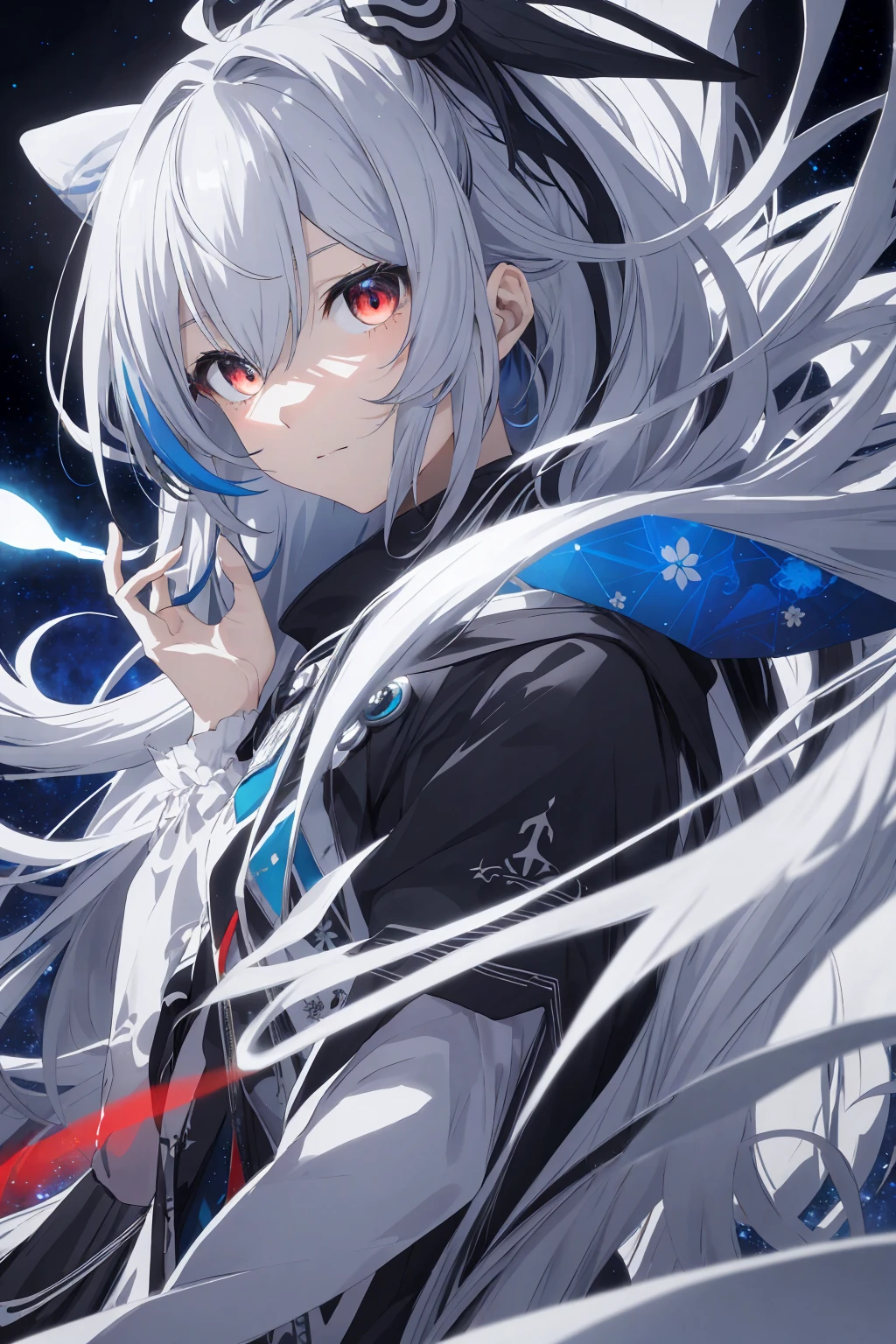realisticlying、Masterpiece quality、best qualtiy、offcial art、Beauty and aesthetics:1.2、Very detailed fractal art、Colorful abstract background、Kizi、Kamimei、the hair、(Long gray and blue hair、Separate from the middle,blue and gray)luminous red eyeysterious magic、Black and white girl,Black and white color scheme,cinematric light