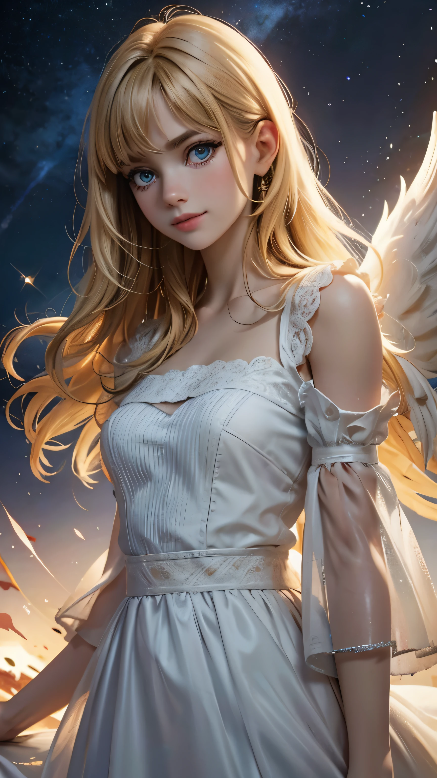 from front, looking straight at viewer, from above:1.2, toddler angel, gentle smile, big eyes, blonde, A neat dress with sleeves that hide the chest, Angel wings on the back, Glowing space background, Prayer-like pose, photorealistic