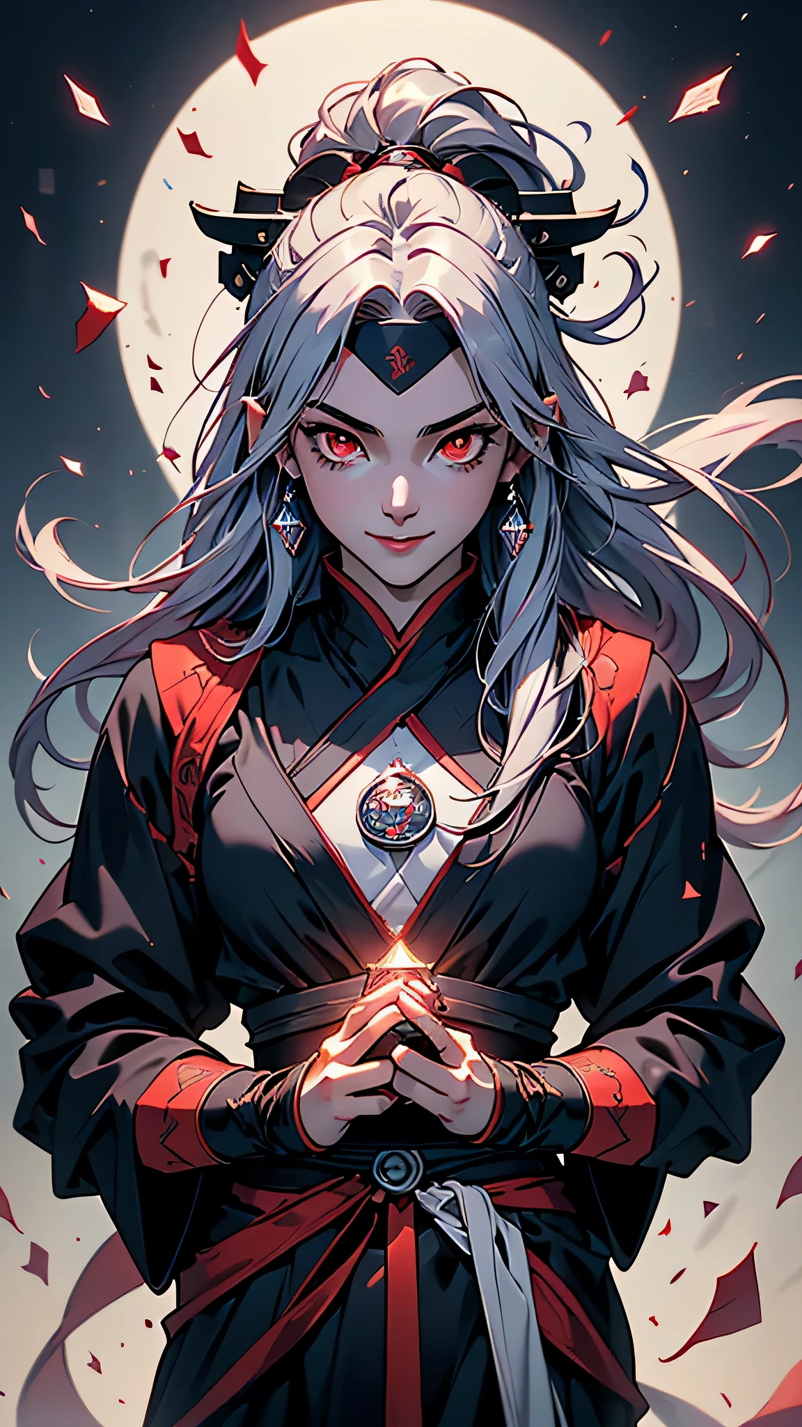 最high quality、Best image quality、masterpiece、girl((20-year-old、 By becoming、Best Bust、Medium Bust,Wide open breast tea、red glowing eyes,Silver Hair、Disheveled Hair、Long Hair、thin,The highest valley、Diamond Suit、Open chest、White wristband、smile、hair ornaments、Angle from behind、Sports Cap、Many accessories、Ninja Soul)),high quality、Beautiful art、background((Dark world))、Flight、Flying debris、Written boundary depth、movie、Visual Arts、Perfect art、8K,Genuine、