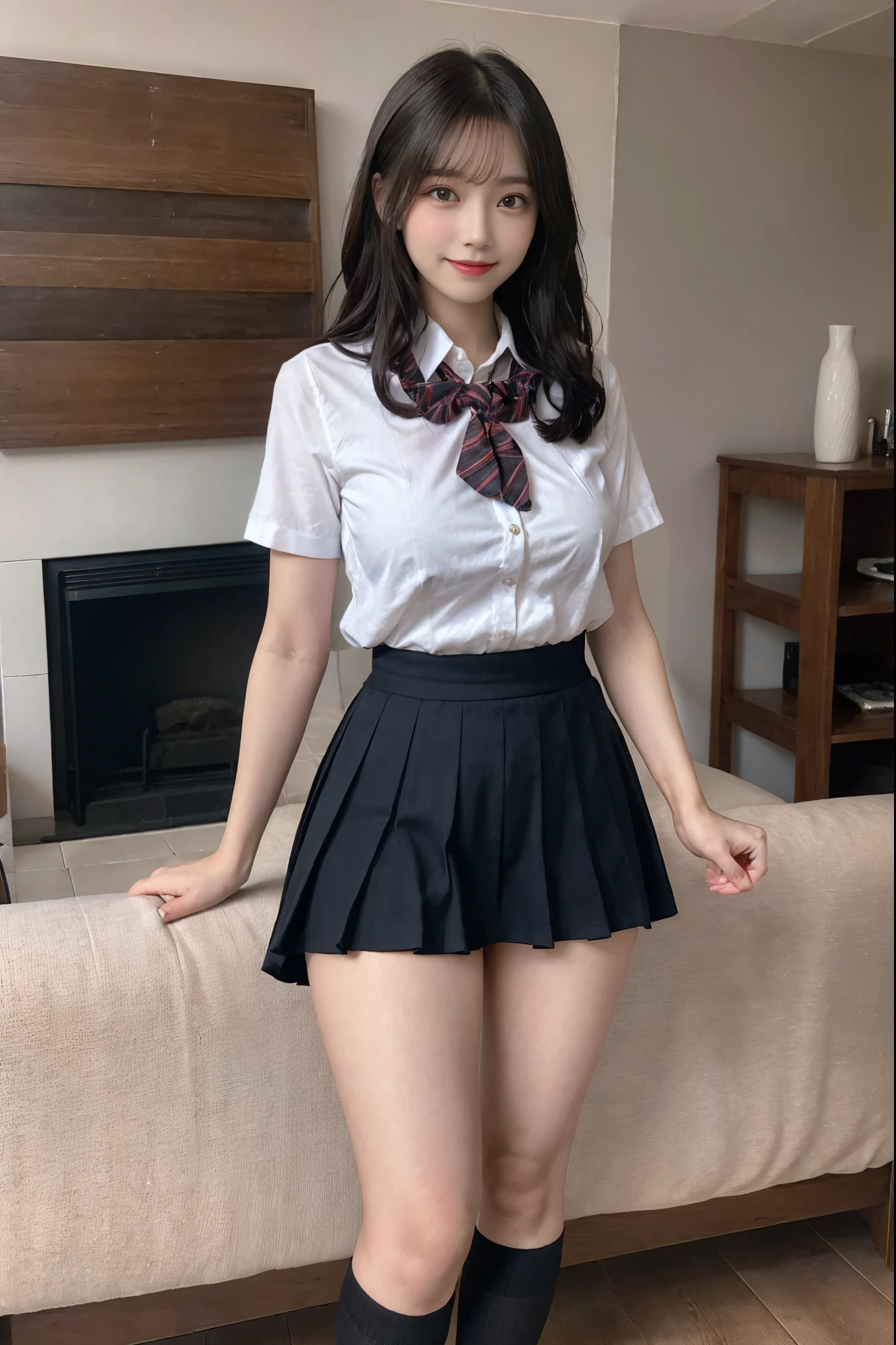 resolution, 1 girl, Watching the audience,Young beautiful Japanese woman, Super cute face, Gorgeous appearance, big breasts,Long Bob Hair,smile,(school uniform:1.3),Beautiful Eyes,(It&#39;s windy:1.3), 混雑した道をsmileで歩く,Glossy lips, Double eyelids on both eyes, Natural Makeup, Long eyelashes, 艶やかで滑らかなライトブラウンのLong Bob Hair, Asymmetrical bangs, Glowing Skin, Center image, 高resolution, High Detail, Detailed hairstyle, Detailed face, Great cinema lighting, Octane Rendering, Vibrant, Surreal, Perfect limbs, Perfect Anatomy, Spreading hair、Slender beauty:1.4、((Saggy breasts:1.4))、Chest exposed、slim abs、Curved Waist、(smile:1.2) 、(Pleated kirt lifted:1.2))、Slender and long beautiful legs、Open your feet wide、(Sheer black stockings:1.2)、(No underwear、Beautiful pussy exposed、Open up:1.2、pussy creampie、pubic hair:1.4)、(From below:1.2)、Backlight、