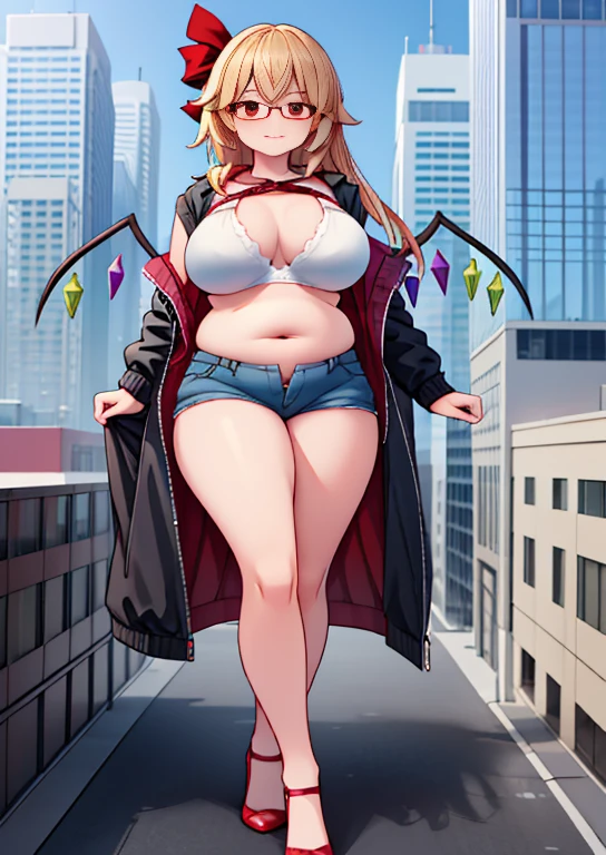 (masterpiece, best quality, highly detailed), 1girls, big belly, huge belly, art by kipteitei, round belly, chubby, curvy, belly grab, enormous belly, fat belly, thicc, bigger belly, really big belly, jiggly belly, glasses, unzipped jacket, (no shirt), bra, thight shorts, high heels, smug face ((full body)), long hair, ((dominant)), mommy, (giantess), Flandre scarlet