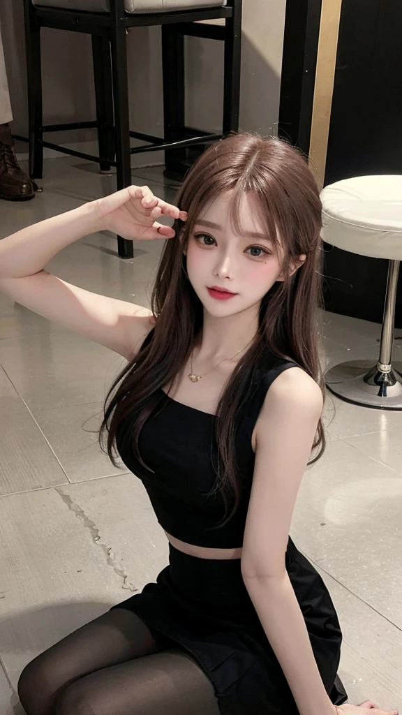 Real person photos,Chinese beauty with long straight reddish brown hair, masterpiece, best quality, extremely delicate and beautiful,high resolution, absurderes, Optimal proportions of four fingers and one thumb, highly detailed beautiful face, Cute, shy,blush, dynamic angle, from above,looking at viewer, wearing Chiffon Sleeveless Blouse skirt and black pantyhose,A confident smile,Sitting elegantly on the floor