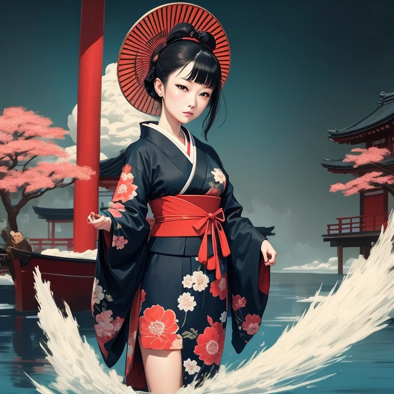 A painting of a woman in a kimono standing on a boat, The art of Japan style, inspired by Utagawa Hiroshige II, In the Ukiyo-e art style, inspired by Koson Ohara, The art of Japan art, Ukiyo-e style, Ukiyo-e style, The art of Japan, feudal japan art, The art of Japan on behance