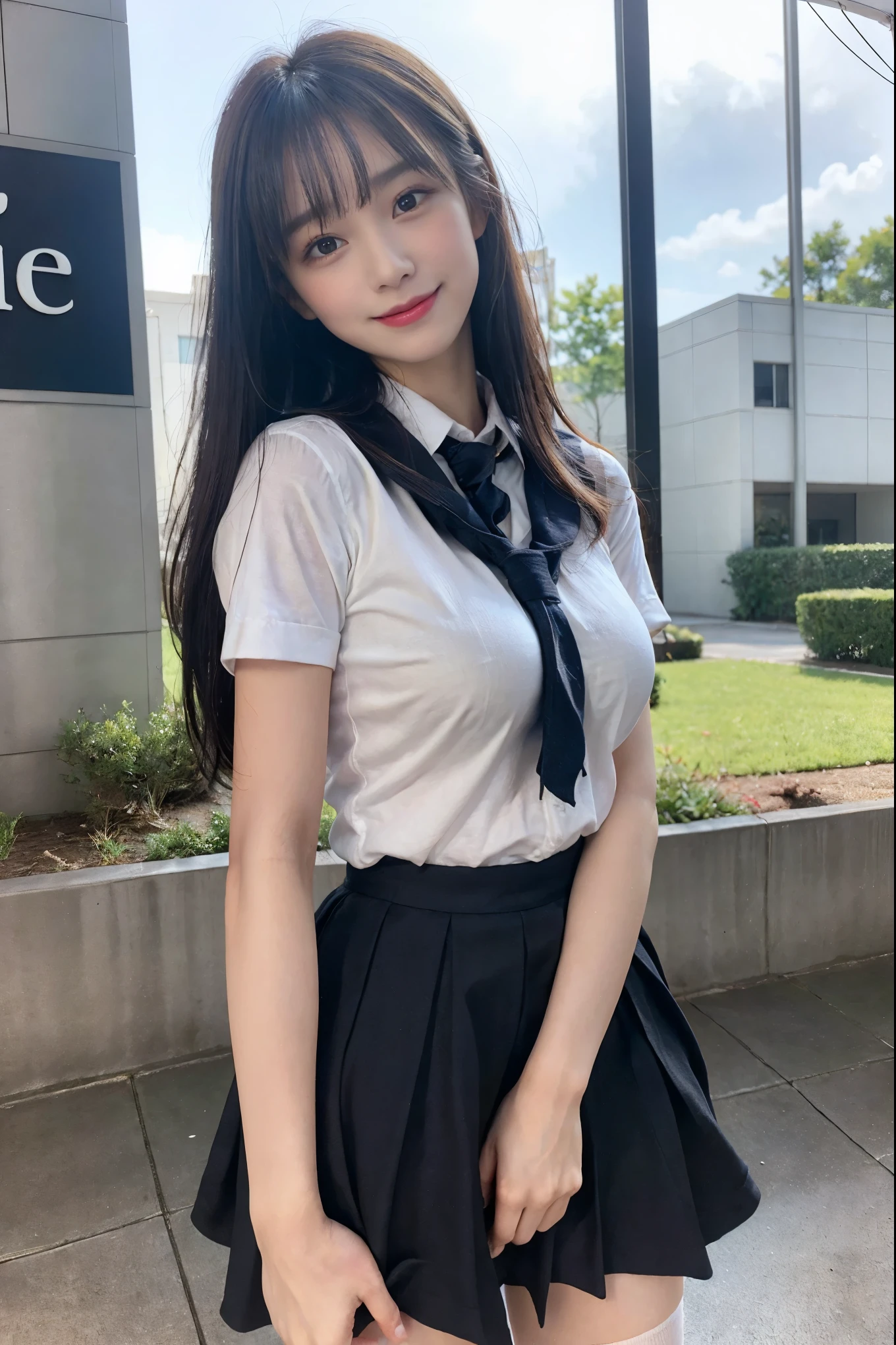 resolution, 1 girl, Watching the audience,Young beautiful Japanese woman, Super cute face, Gorgeous appearance, big breasts,Long Bob Hair,smile,(school uniform:1.3),Beautiful Eyes,(It&#39;s windy:1.3), 混雑した道をsmileで歩く,Glossy lips, Double eyelids on both eyes, Natural Makeup, Long eyelashes, 艶やかで滑らかなライトブラウンのLong Bob Hair, Asymmetrical bangs, Glowing Skin, Center image, 高resolution, High Detail, Detailed hairstyle, Detailed face, Great cinema lighting, Octane Rendering, Vibrant, Surreal, Perfect limbs, Perfect Anatomy, Spreading hair、Slender beauty:1.4、((Saggy breasts:1.4))、Chest exposed、slim abs、Curved Waist、(smile:1.2) 、(Pleated kirt lifted:1.2))、Slender and long beautiful legs、Open your feet wide、(Sheer black stockings:1.2)、(No underwear、Beautiful pussy exposed、Open up:1.2、pussy creampie、pubic hair:1.4)、(From below:1.2)、Backlight、