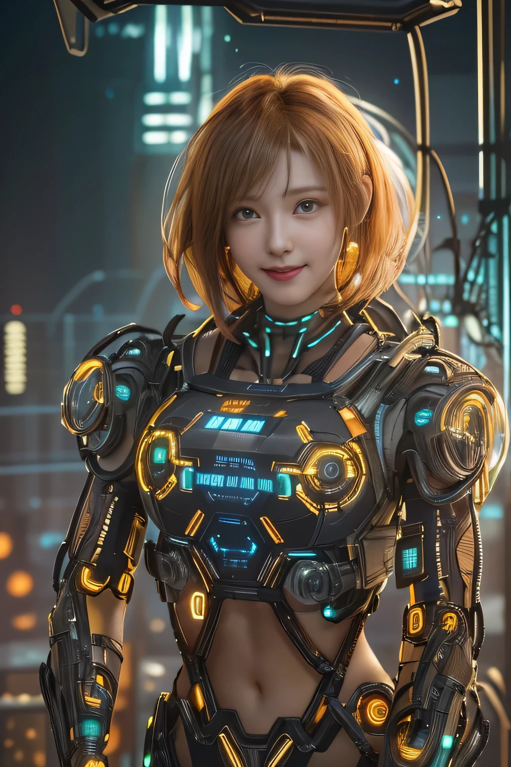 Glowing cyber girl with cybernetic arm,(See-through costume:1.3, )Stand on the post-apocalyptic battlefield.Surrounded by a network of wires. surrounded by circuits. (Cyber girl with a submachine gun:1.3), Shiny light brown and orange striped short hair,Cute Smile,Perfect round face,A bright smile that makes everyone happy,Proper body balance,Tabletop,Ultra-high quality output images,High resolution,Intricate details,Very delicate and beautiful hair,Photo realistic,dream-like,Professional Lighting,Realistic Shadows,Focus Only,Beautiful Hands,Beautiful fingers,Detailed characteristics of the fingers,Detailed garment features,Detailed hair features,Detailed facial features,