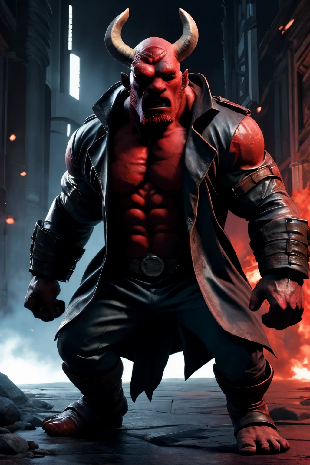 Title: "Hellboy: The Dark and Innocent Prince of Shadows"

Artist: [Name], a dynamic and detail-oriented designer, recognized for creating dark and brooding comic book covers, brings this vision to life.

Image Description: A captivating cover for the Hellboy comic book series from 2000. The protagonist, Hellboy, is depicted in a powerful, full-body stance, clad in his signature trench coat and red palette. His left foot is planted firmly on the ground while his right foot hovers slightly, conveying a sense of readiness and tension. His expression is one of intense focus, with a hint of innocence in his deep