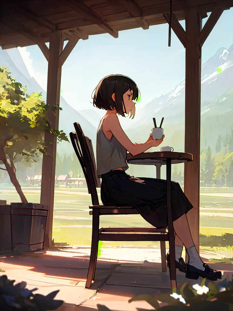 (looking-away:1.9),(from side:1.5),(masterpiece:1.2), (best quality),(ultra detailed),(extremely detailed),(absolutely resolution) ,absurdres,8k, 1girl-drinking-hot-coffee-in-cafeteria-outdoor,sitting-on-the-woody-chair, cake, beautiful-landscape-background, mountain, shinny-lake, flowers,
BREAK, ultra detailed eyes, bobcut, (gradation hair:1.3), tanktops, skirt,