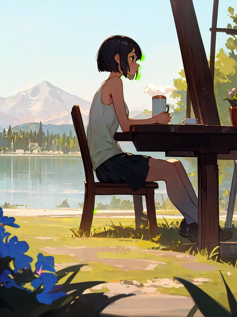 (looking-away:1.9),(from side:1.5),(masterpiece:1.2), (best quality),(ultra detailed),(extremely detailed),(absolutely resolution) ,absurdres,8k, 1girl-drinking-hot-coffee-in-cafeteria-outdoor,sitting-on-the-woody-chair, cake, beautiful-landscape-background, mountain, shinny-lake, flowers, 
BREAK,  ultra detailed eyes, bobcut, (gradation hair:1.3), tanktops, skirt,