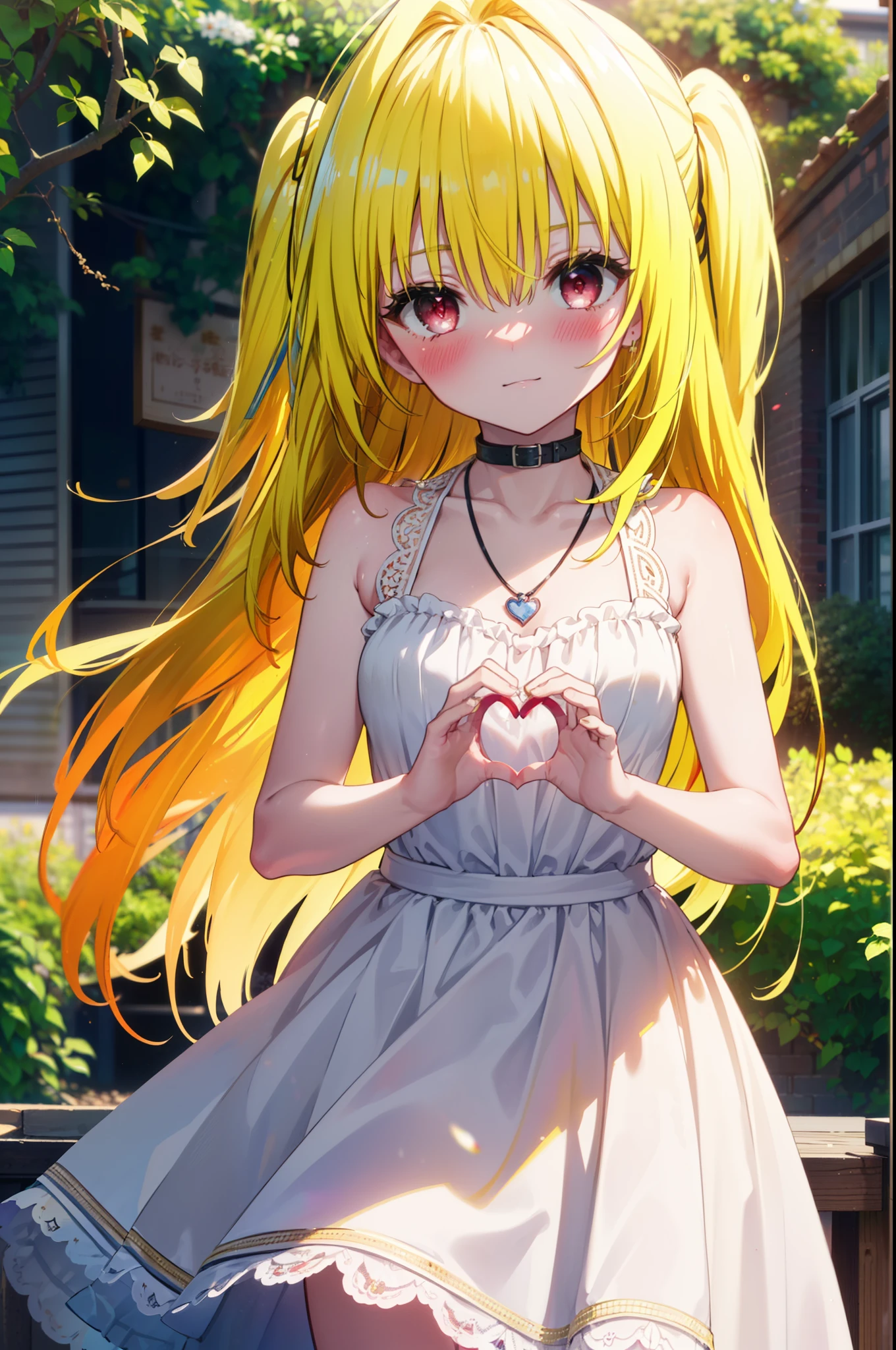 toloverumy, my, (yellow hair:1.5), Long Hair, (Red eyes:1.5), smile,blush, Embarrassing,White headband,Long skirt integrated sleeveless dress,Heart Necklace,Bare arms,Bare neck cute sandals,True Summer,Daytime,
break outdoors, garden,
break looking at viewer, (Cowboy Shot:1.5),
break (masterpiece:1.2), highest quality, High resolution, unity 8k wallpaper, (figure:0.8), (Beautiful fine details:1.6), Highly detailed face, Perfect lighting, Highly detailed CG, (Perfect hands, Perfect Anatomy),
