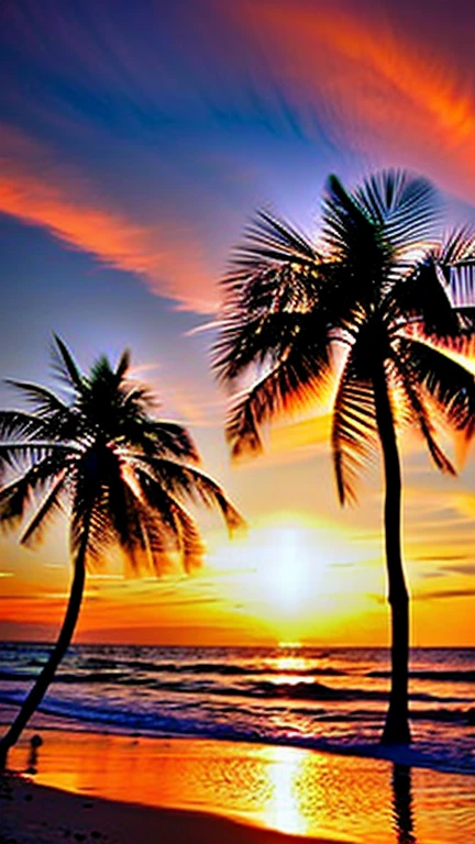 Enchanting sunset over the beach, Orange Blend, pink, The sky turns yellow. Touching the shore gently、Crystal clear sea water, Endless white sand beaches. This scene is dynamic and breathtakingly beautiful., Seagulls soaring high into the sky、Palm trees sway gently. Immerse yourself in a calm atmosphere、Feel at ease.