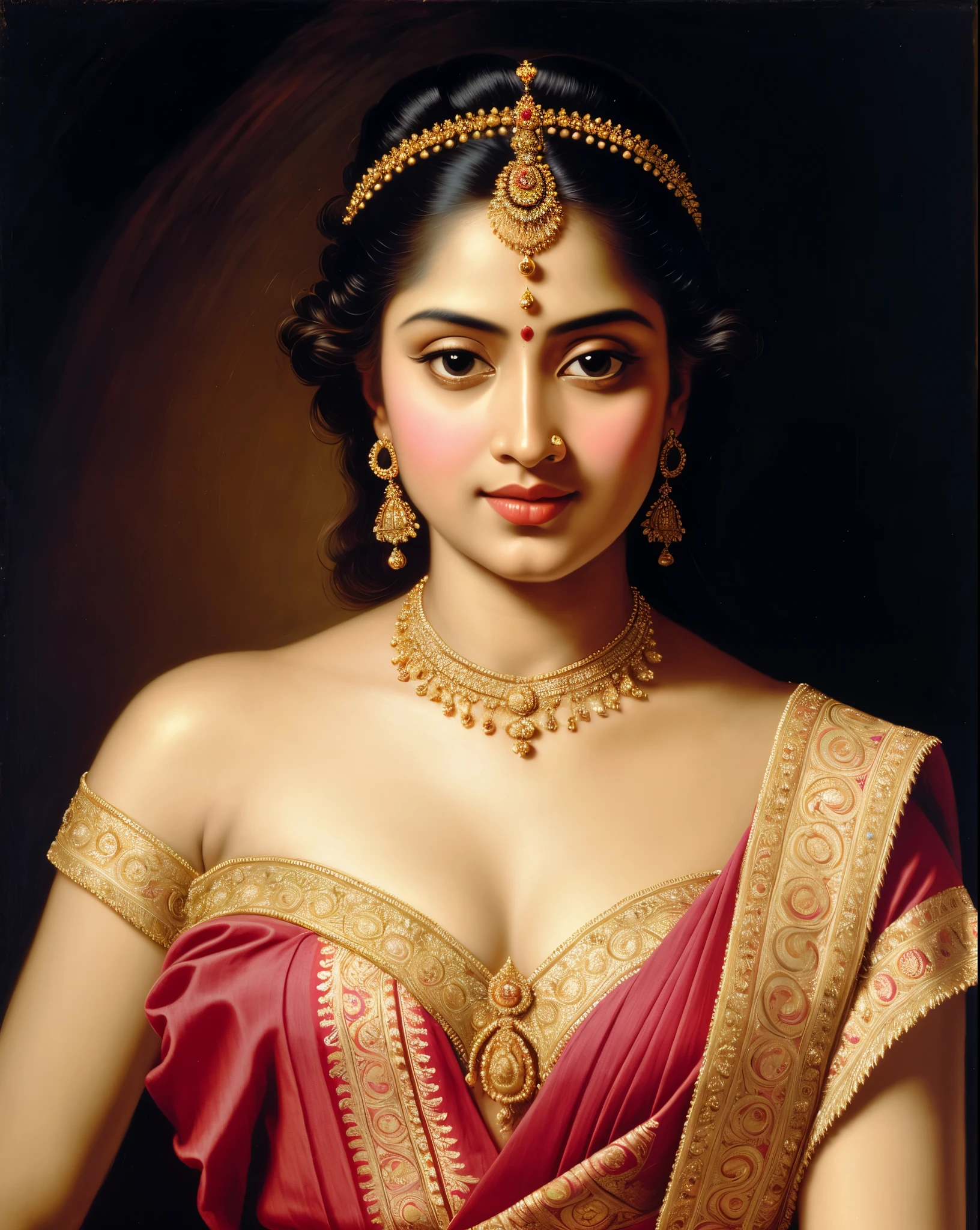 Beautiful Indian Woman, wearing saree, sari Beauty, gorgeous, Apsara, Maharani, royal queen woman, nymph from Hindu Mythology, Urvashi, matchless beauty, Highly detailed, Oil Painting by Peter Paul Rubens inspired by Raja Ravi Varma, Matchless beauty, captivating, gorgeous, heavenly beauty, celestial beauty, by Peter Paul Rubens, 13, realistic, hyper realistic, micro details, incredible artwork, insane details, ultra High resolution, 8k, 32k, acrylic on canvas, intricate, flawless, detailed, detailed face, detailed eyes, masterpiece, by Peter Paul Rubens, by Caravaggio, by William Adolphe bouguereau, perfect face, perfect body, beautiful art, realism, baroque, renaissance Art, highly textured, beautiful and detailed eyes, uhd, best quality,