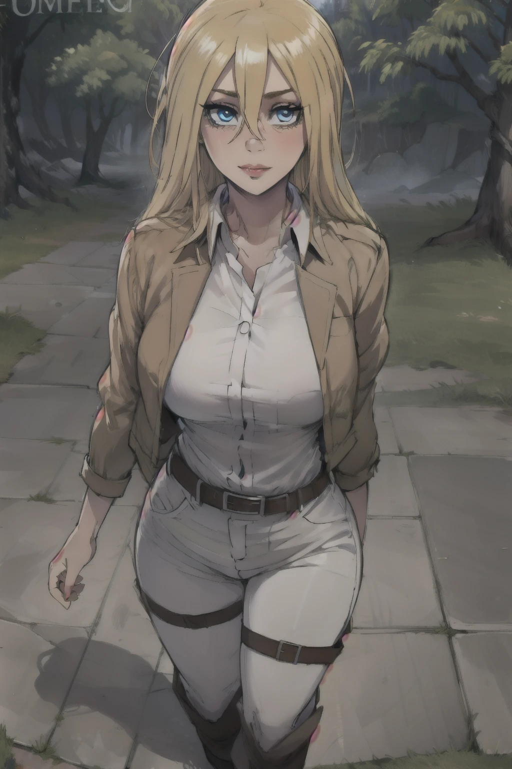 1 girl, (loose hair), hair down, (anime style), masterpiece, Best quality, ultra detailed, ray tracing, HDR, depth of field, (perfect face, detailed face, detailed eyes), 8K, HD, Best quality, ultra detailed, Brilliant eyes, Bright skin, notably long eyelashes,
perfect eyes, Brilliant eyes, Brilliant eyes, slim waist, wide hips, Dynamic angle, Ultra detailed, bouncing breast, I look at the viewer, pink lips, long eyelashes, loose hair, About the medieval city, on the tree, Tree in the background, History_Rice, History Rice, Blonde hair, Blue eyes, long hair, hair between eyes, History, Krista Renz, Blonde hair, Blue eyes, hair between eyes, loose hair, official art, jacket, brown jacket, coat of arms, belt, thigh strap, trousers, white trousers, boots, shirt, white shirt, collared shirt, breast, curb, One, 1 girl, Slender Girl, a slim body, soft skin, Bright skin, notably long eyelashes, cute face, ((Tight clothes))