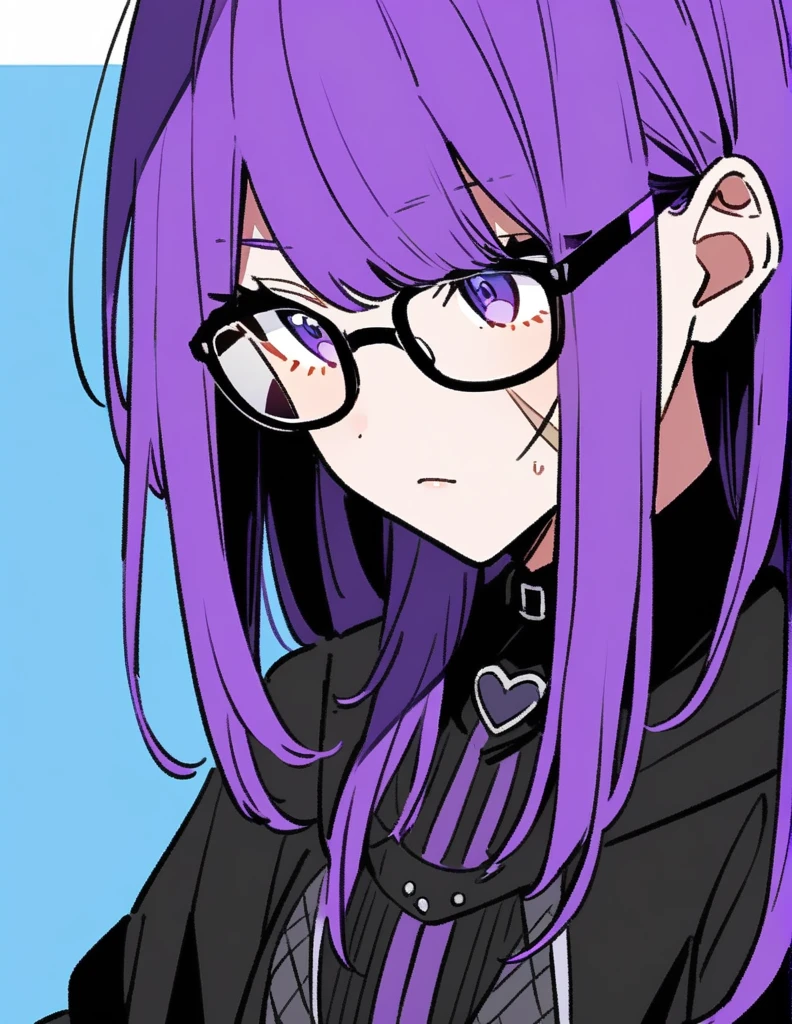 anime girl with purple hair and scars on her face, 1 7 - year - old anime goth girl, wearing glasses,purple hair,medium chest