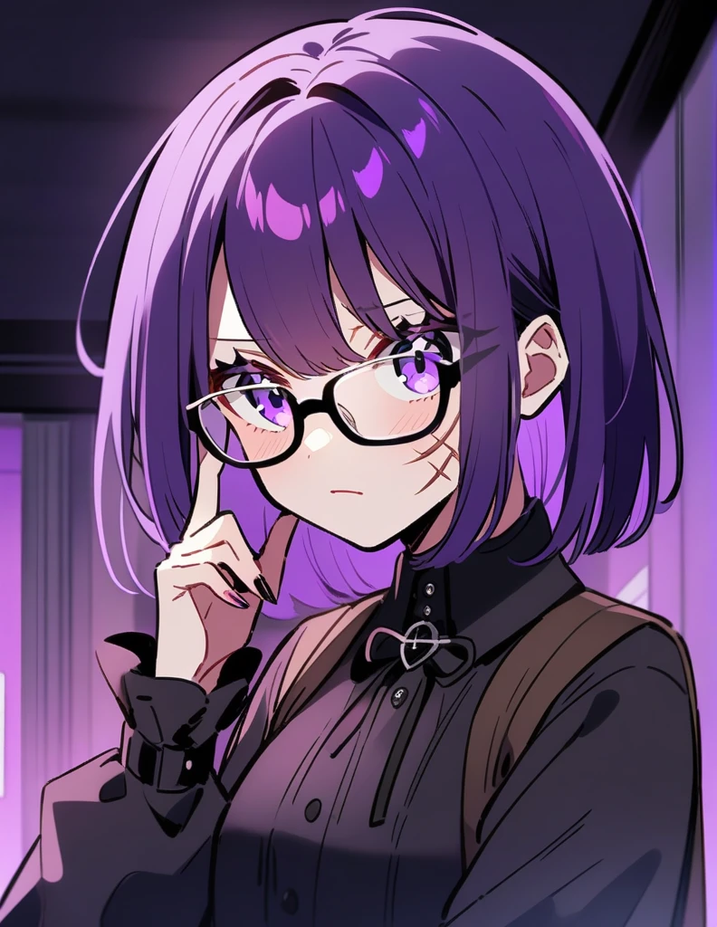 anime girl with purple hair and scars on her face, 1 7 - - old me goth girl, wearing glasses,purple hair,medium chest