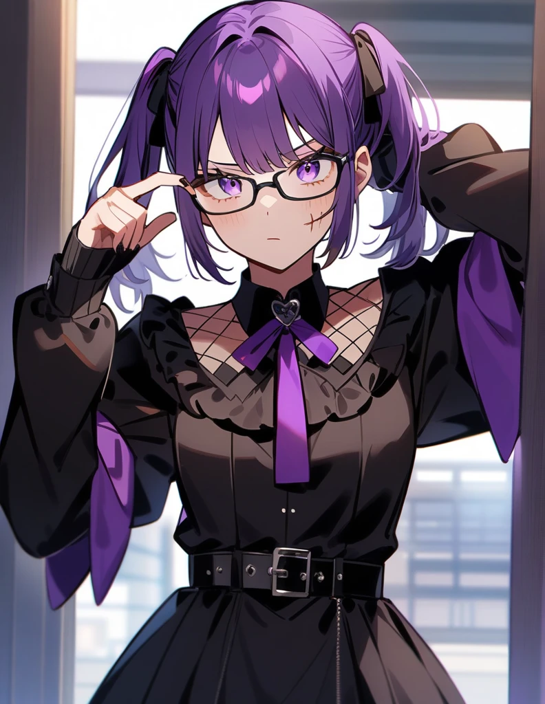 anime girl with purple hair and scars on her face, 1 7 - year - old anime goth girl, wearing glasses,purple hair,medium chest