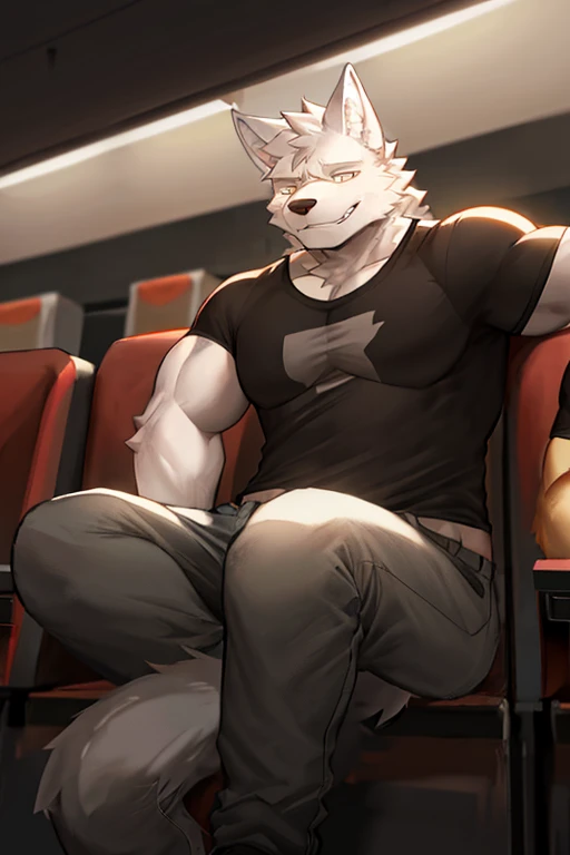 Muscle furry white wolf Wear a T-shirt and trousers , creepy Smiling ,Sitting in the top row of seats ,The background is a dark movie theater ,The light in the picture is quite dark,The movie theater is very dark.