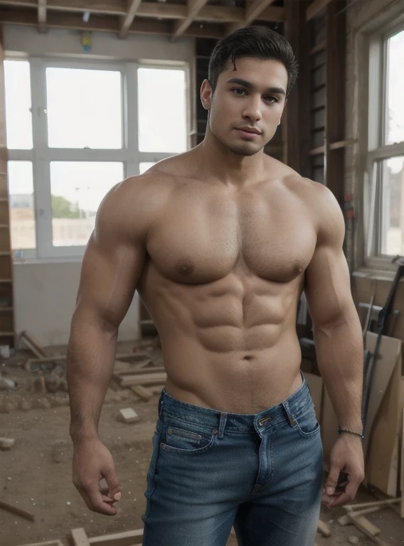 Thiago, constructor, working at a construction site, cuerpo musculoso, detallado, detallado body, Big muscular body, jeans  