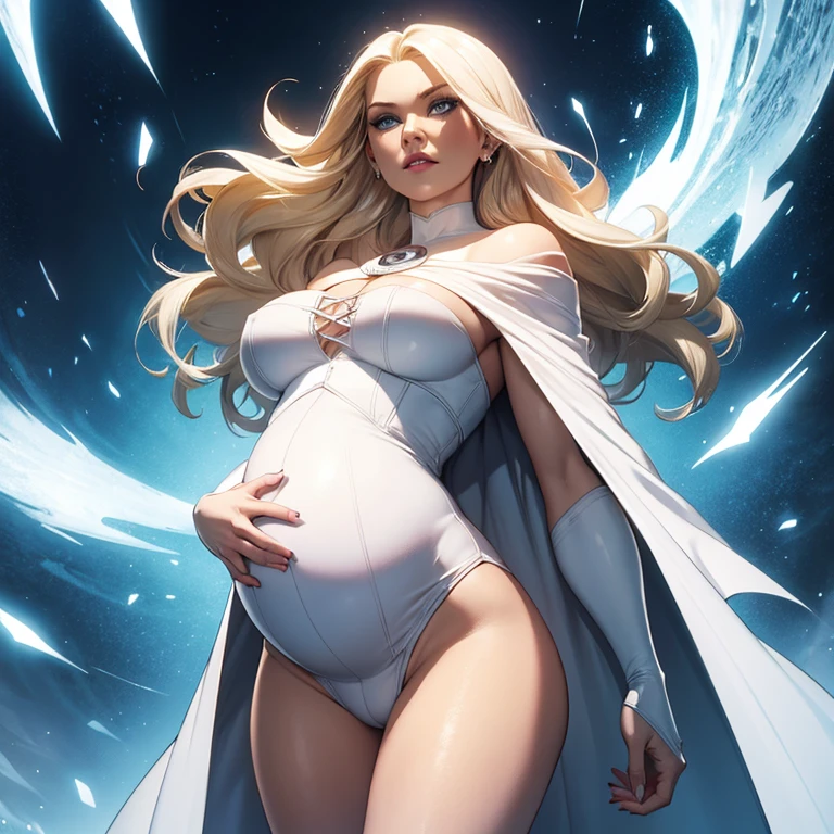 pregnant Emma Frost, tight white crop top, tight white cape, white lipstick, blonde hair,