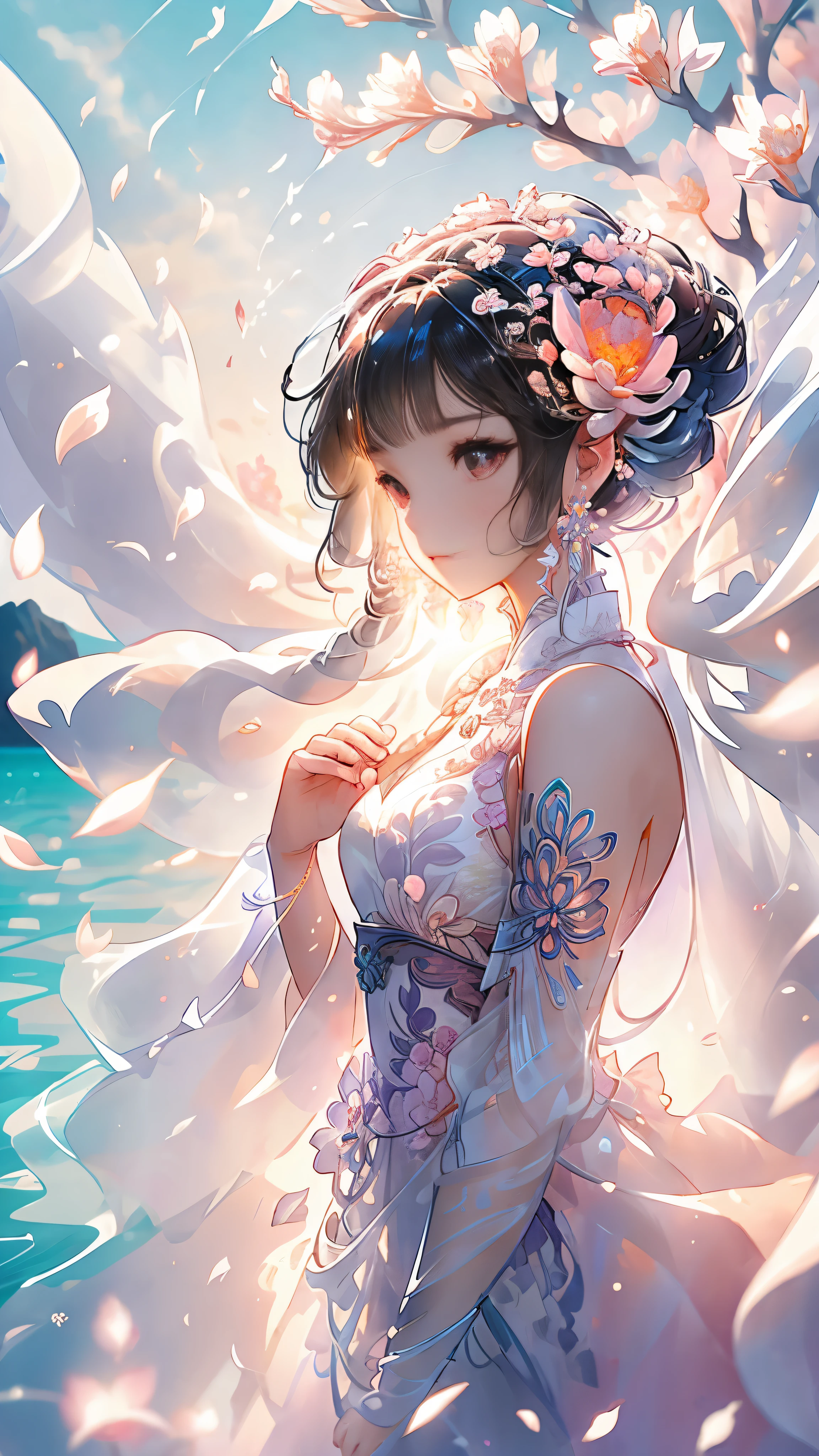 (Extremely Detailed CG Unity 8K Wallpaper): A serene scene of a lone K-pop idol, with an Upper Body Focus, captured amidst a breathtaking sea of vibrant, blooming flowers. The soft petals dance in the gentle breeze, casting a kaleidoscope of colors across the idol's features. The lighting illuminates her porcelain skin, highlighting every delicate curve and detail. The intricately textured petals reflect the sunlight, creating a dazzling display that dazzles the senses. The idol's expressive features convey a sense of tranquility and grace, making for an enchanting and memorable image.