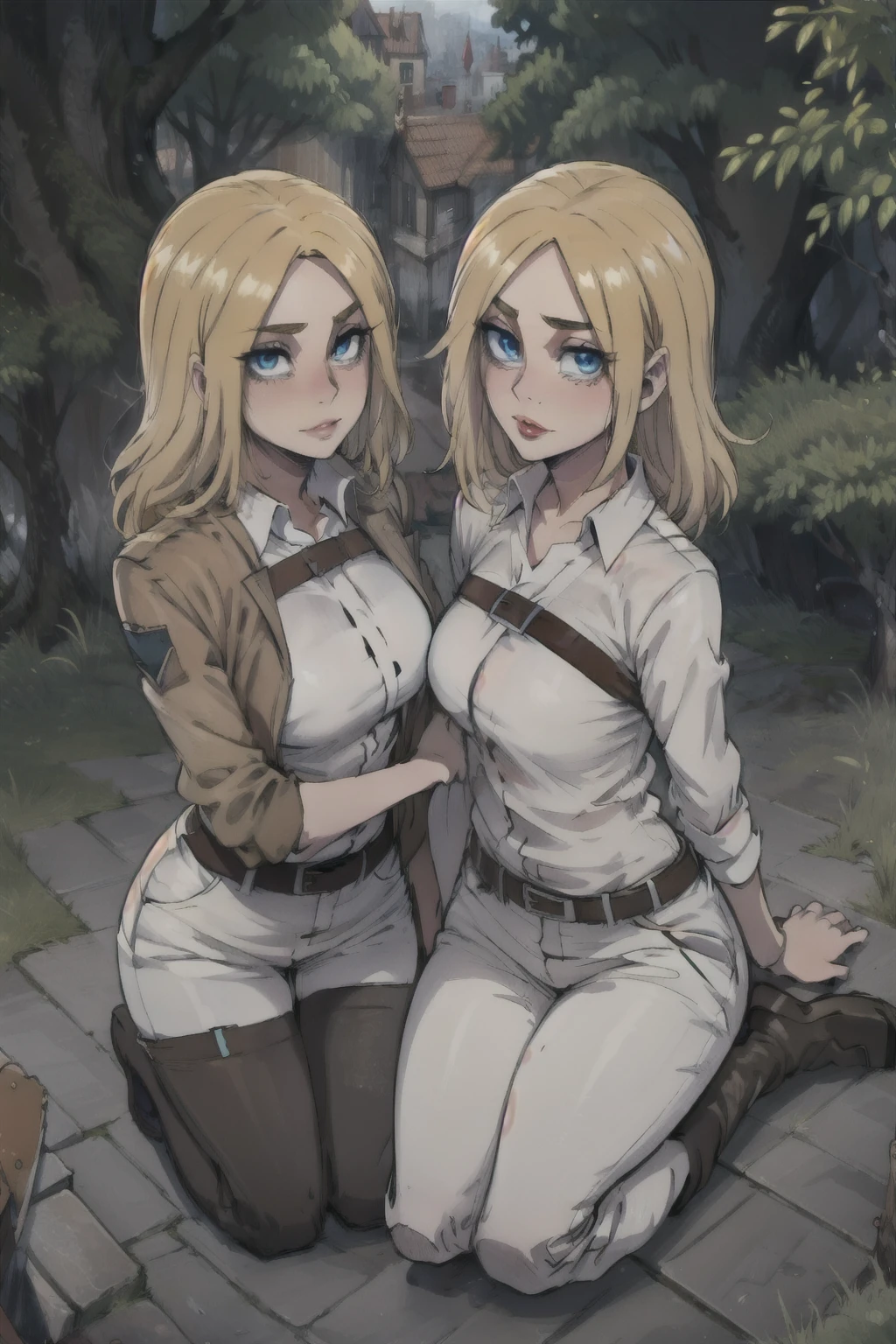 1 girl, (loose hair), hair down, (anime style), masterpiece, Best quality, ultra detailed, ray tracing, HDR, depth of field, (perfect face, detailed face, detailed eyes), 8K, HD, Best quality, ultra detailed, Brilliant eyes, Bright skin, notably long eyelashes, ass perfect eyes, Brilliant eyes, Brilliant eyes, slim waist, wide hips, Dynamic angle, Ultra detailed, bouncing breast, I look at the viewer, pink lips, long eyelashes, loose hair, About the medieval city, on the tree, Tree in the background, History_Rice, History Rice, Blonde hair, Blue eyes, long hair, hair between eyes, History, Krista Renz, Blonde hair, Blue eyes, hair between eyes, loose hair, official art, jacket, brown jacket, coat of arms, belt, thigh strap, trousers, white trousers, boots, shirt, white shirt, collared shirt, breast, curb, One, 1 girl, Slender Girl, a slim body, soft skin, Bright skin, notably long eyelashes, cute face, ((Tight clothes))