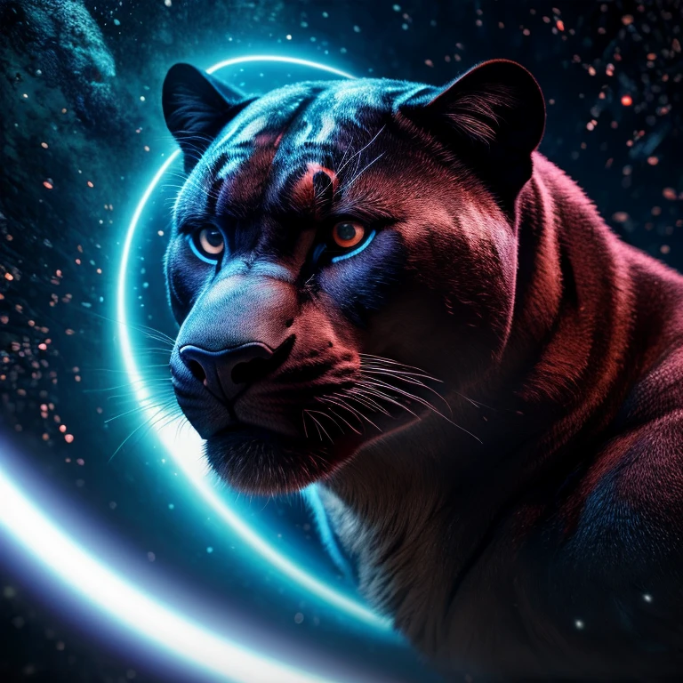 In the heart of the jungle, a panther with striking brown eyes poses cosmicely. Surrounded by brilliantly colored light particles, the panther exudes an aura of biomechanical enhancement. The artist's rendition of this captivating scene skillfully blends art and technology, creating a high-definition background worthy of a screensaver. The panther's gaze, bright and piercing, adds to the surreal effect as the painting comes alive with intricate detail and depth. (By artistname1, by artistname2, best quality, masterpiece, ultra detailed, realistic)