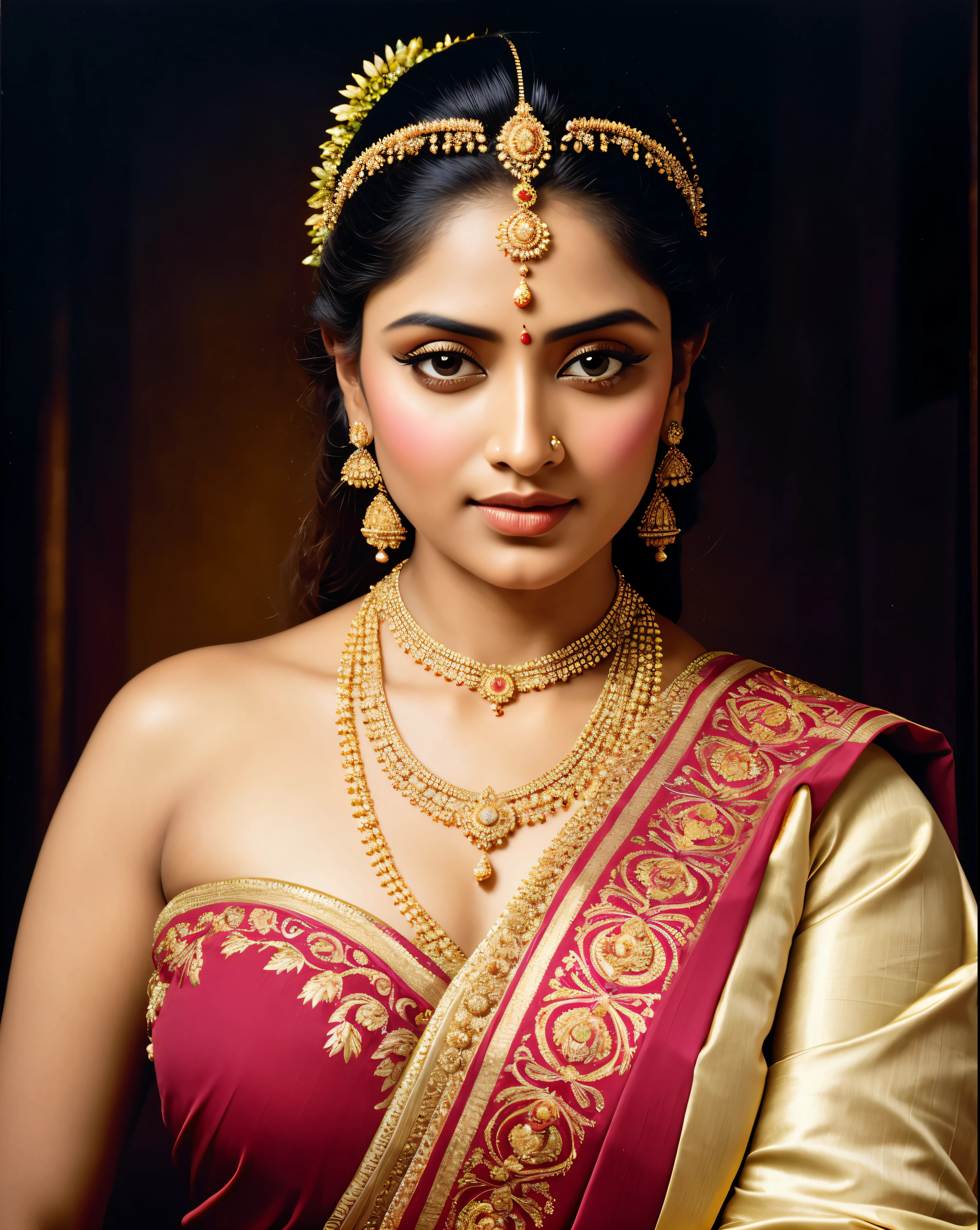 Beautiful Indian Woman, wearing saree, sari Beauty, gorgeous, Apsara, Maharani, royal queen woman, nymph from Hindu Mythology, Urvashi, matchless beauty, Highly detailed, Oil Painting by Peter Paul Rubens inspired by Raja Ravi Varma, Matchless beauty, captivating, gorgeous, heavenly beauty, celestial beauty, by Peter Paul Rubens, 13, realistic, hyper realistic, micro details, incredible artwork, insane details, ultra High resolution, 8k, 32k, acrylic on canvas, intricate, flawless, detailed, detailed face, detailed eyes, masterpiece, by Peter Paul Rubens, by Caravaggio, by William Adolphe bouguereau, perfect face, perfect body, beautiful art, realism, baroque, renaissance Art, highly textured, beautiful and detailed eyes, uhd, best quality,
