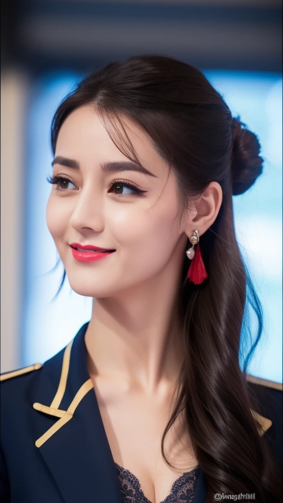 smile, large breasts , kglamour_magv2, skinny secretary dressed in navy blue retro Prosecutor uniform, (steampunk background:.4), masterpiece, breathtaking, dramatic composition, ultra realistic, 100mm, Fujifilm XT3, Canon50 DSLR, sharp focus, hyperrealism, highly detailed, crisp edges, micro skirt, very slim body, earrings, neclace, close-tp of face, cleavage, (thick eyeliner), (eye shadow),(red lips), blush,