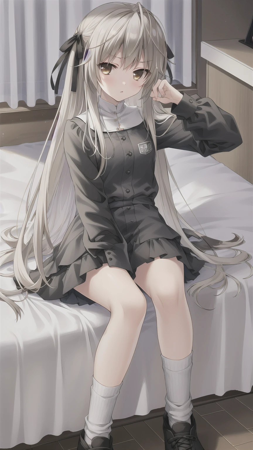 ((masterpiece:1.4, best quality)) ,Kasugano Sora,Naughty and energetic girl,Brown eyes,Happy,Long straight hair，Black knee-high socks sneakers，summer，night，Lying in bed，Black coat with white T-shirt