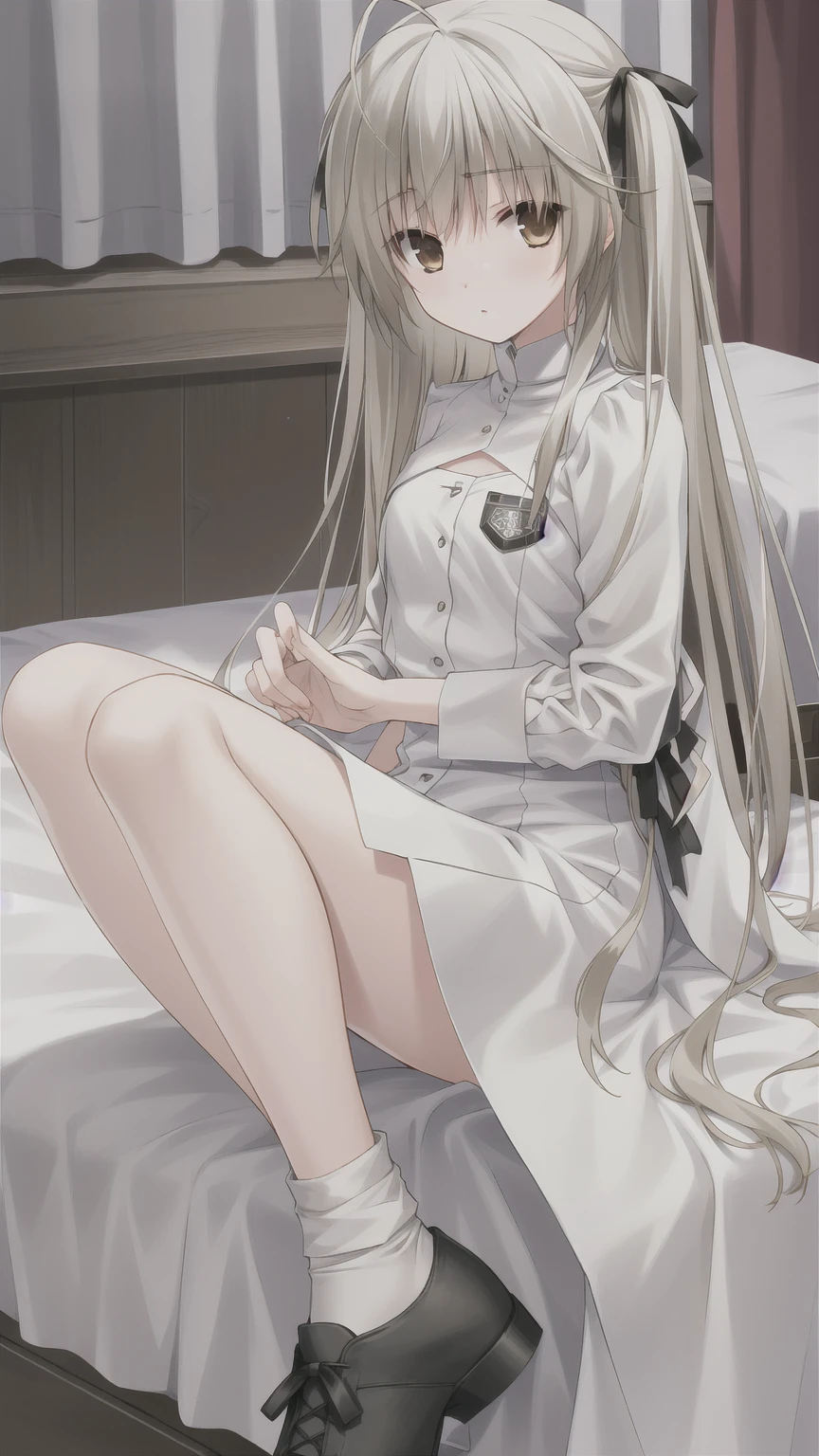 ((masterpiece:1.4, best quality)) ,Kasugano Sora,Naughty and energetic girl,Brown eyes,Happy,Long straight hair，Black knee-high socks sneakers，summer，night，Lying in bed，Black coat with white T-shirt