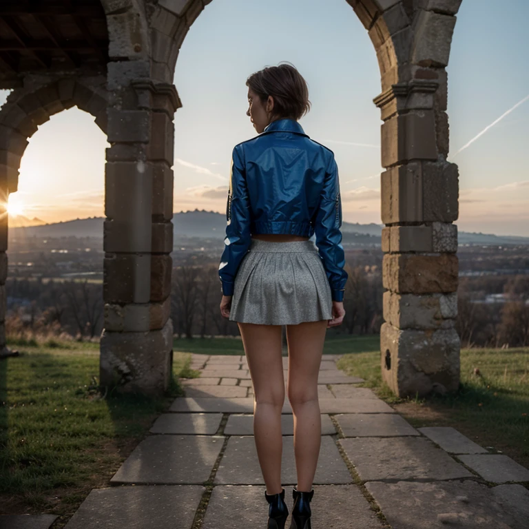 (Best quality, 8K, 32k, masterpiece, UHD:1.2), 1 girl, European beauty, slim waist, open jacket, lady, short skirt at the back, castle ruins, Stone Road, stick out the buttocks:1.2), short hair, back view, high heel shoes, evening lighting, sunset, backlight. High detail, Correct body proportions. Raw-формат, снято на canon 6D 50mm