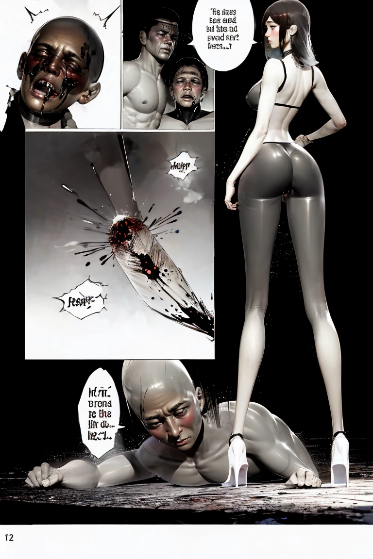 comic storyboard,anatomically correct,1girl, random color hair,smile,barefoot,lace top,sexy, shiny leggings, thin gap,camel toe,high heels,cleavage,crossed legs,large breasts,leg tattoo,long hair,smile,toenails,) standing,trample,multiple men,cuts,defloration,indoor,couple,femdom,hetero,saliva , mucus,femdom,blood on clothes,blood on hands,blood splatter,open mouth,kneeling man,sit,trembling man,dead man,sit,bruise man,lying man,man cum,bleeding man,(masterpiece, best quality:1.2),(masterpiece, best quality:1.2),realistic,3d,Unreal Engine 5,skin texture,