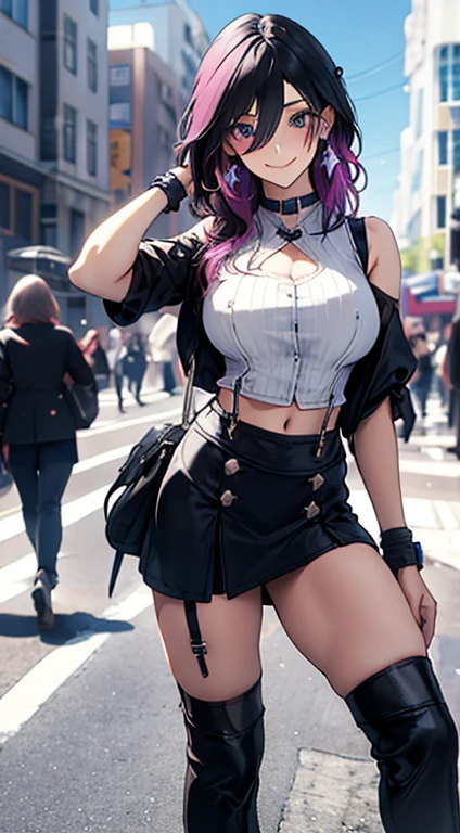 1 girl, small nose,black suspenders,Bulging big,breasts,walls: Black miniskirt,garters,Gaze,Small face,bangss,holster,Beautuful Women,hands up,leg holster,Gaze,black boots panty shot, provocation,flank,flank sweat soio,arm, pose muy sexy,(with sparkling eyes and a contagious smile), very beautiful detailed face and eyes, bright colors, cute face, delicate beautiful face, Bright magenta eyes, cute eyes, sparkling eyes, Big eyes, (big breasts:1.3), (perky chest:1.1), (pointed chest:1.0), medium hips, glamorous body, white skin, smile, thin pubric hair, shiny hair, super beautiful face, Super beautiful eyes, Super beautiful hair，trendy outfit，sexy and attractive，explosion of colors，big hairpin，full body esbian，illegal occupation, Real World, Natural light,perfect Natural light,looking at viewer,
