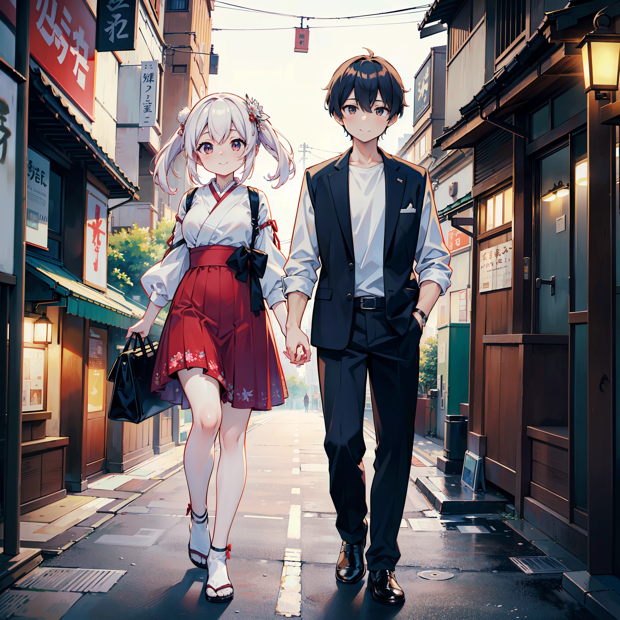 A beautiful couple is walking on the streets of Tokyo, looking at each other, (best quality,4K,high resolution,masterpiece:1.2),smile, highest resolution, best quality,perfect face,Beloved,cute,