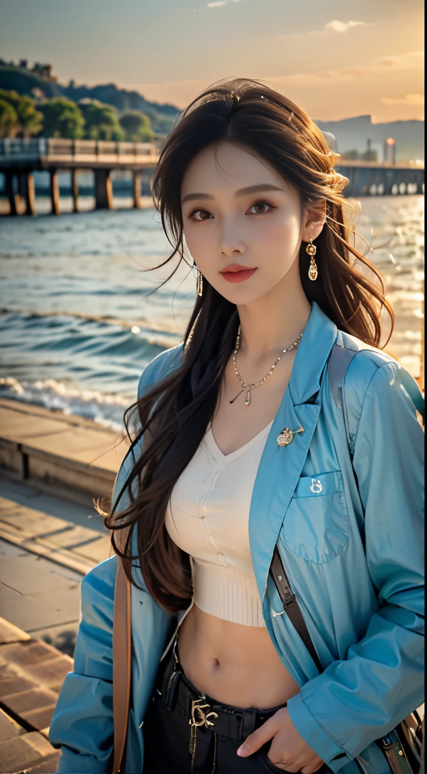 A girl,big eyes,White skin,Brown-gray wavy hair,earrings,necklace,Black shirt and light blue jacket,Melancholy expression,The background is by the sea,There is a bridge in the distance,Brown eyes,eyelash,Lipstick,necklace,Looking at the audience,The delicate top is perfectly composed),fashion girl,whole body