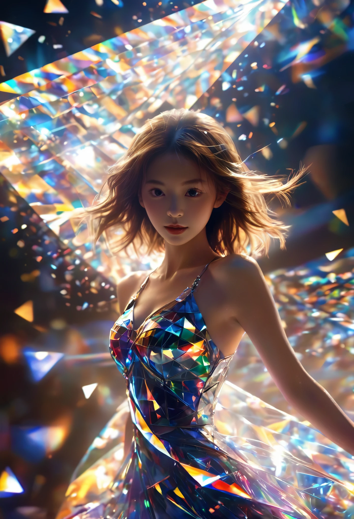 1girl,beautiful,blingbling,Motion blurred,triangle,Movie-level lighting effects
