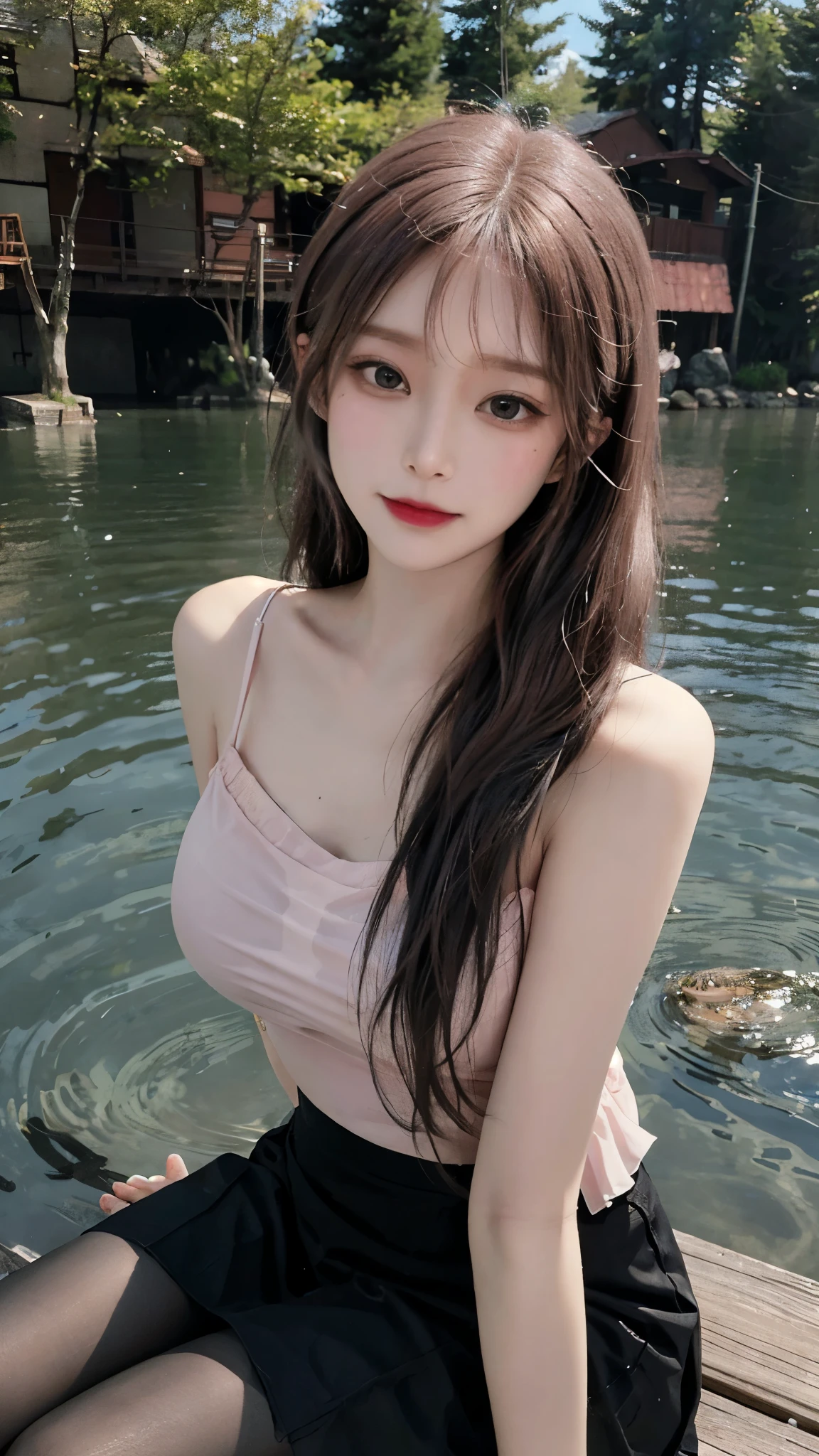 Real person photos,Chinese beauty with long straight reddish brown hair, masterpiece, best quality, extremely delicate and beautiful,high resolution, absurderes, Optimal proportions of four fingers and one thumb, in the lake with trees,sitting,  highly detailed beautiful face, Cute, shy,blush, dynamic angle, from above,looking at viewer, wearing Chiffon Sleeveless Blouse skirt and black pantyhose，A confident smile，Sitting elegantly on the floor