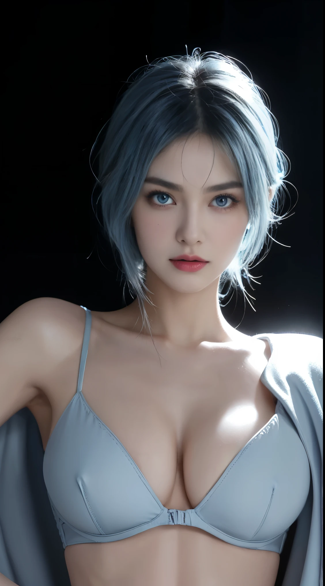 8K, Top Quality, Intricate Details, Ultra Detail, Ultra High Resolution, Masterpiece, close up shot, (full body: 1.1), Slender, Smile, (Makeup: 0.4), (Fluffy Blue Eyes: 1.21), (()), 1girl, solo, 1 girl, ((blue hair, bangs)), close up shot, , ((tall)), (((fit body))), (((slim face))), sharp face, ((short side cape)) (detailed face), sharp face, small lips, , , strong pose,
((, )), , ((,)), detailed face, detailed breast, , ((large breast, huge breast)), detail ass, Narrow Waist, Skinny, tall , 175 cm tall, Muscular, Navel, Exposed Abdomen, Pointed Chest,, Beautiful girl with accentuated slender abs: 1.4, Six Pack Abs: 1.4, Bust Botox, Big, Perfect Body, detail leg, (( dark background)), black background,