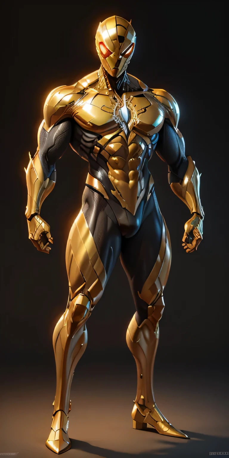 Gold Spider-Man from Marvel, frontal, full-length, looking at the camera, facing the audience, standing pose, simple background, three-dimensional light, detailed full-body concept, muscular male, bodybuilder body, sleek digital concept art, beautiful full-body concept art, art trend, CGsociety full-length,