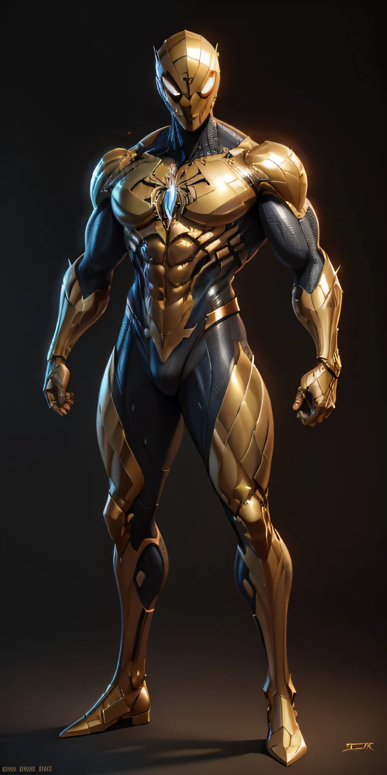 Gold Spider-Man from Marvel, frontal, full-length, looking at the camera, facing the audience, standing pose, simple background, three-dimensional light, detailed full-body concept, muscular male, bodybuilder body, sleek digital concept art, beautiful full-body concept art, art trend, CGsociety full-length,