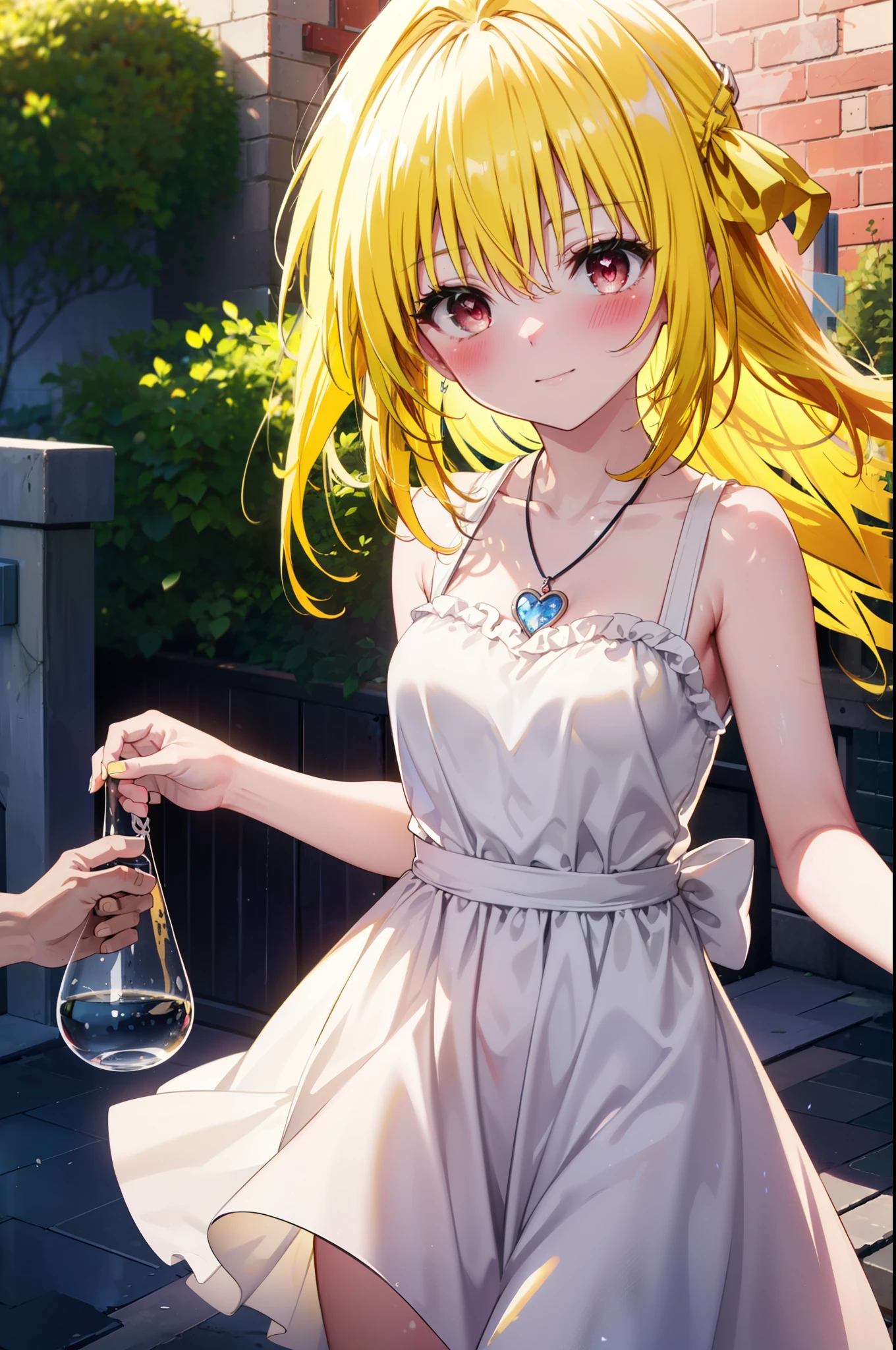 toloverumy, my, (yellow hair:1.5), Long Hair, (Red eyes:1.5), smile,blush, Embarrassing,White headband,Long Straight Hair,Long skirt integrated sleeveless dress,Heart Necklace,Bare arms,Bare neck cute sandals,True Summer,Daytime,
break outdoors, garden,
break looking at viewer, (Cowboy Shot:1.5),
break (masterpiece:1.2), highest quality, High resolution, unity 8k wallpaper, (figure:0.8), (Beautiful fine details:1.6), Highly detailed face, Perfect lighting, Highly detailed CG, (Perfect hands, Perfect Anatomy),
