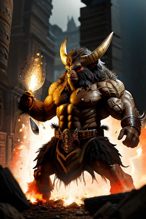 Orange fur Minotaur, thick fur, taurus model, full of rage, angry minotaur, burned city background, he will revenge, detailed anatomy, gigantic body, kingkong body size, perfect muscle, perfect photograph, full focus camera