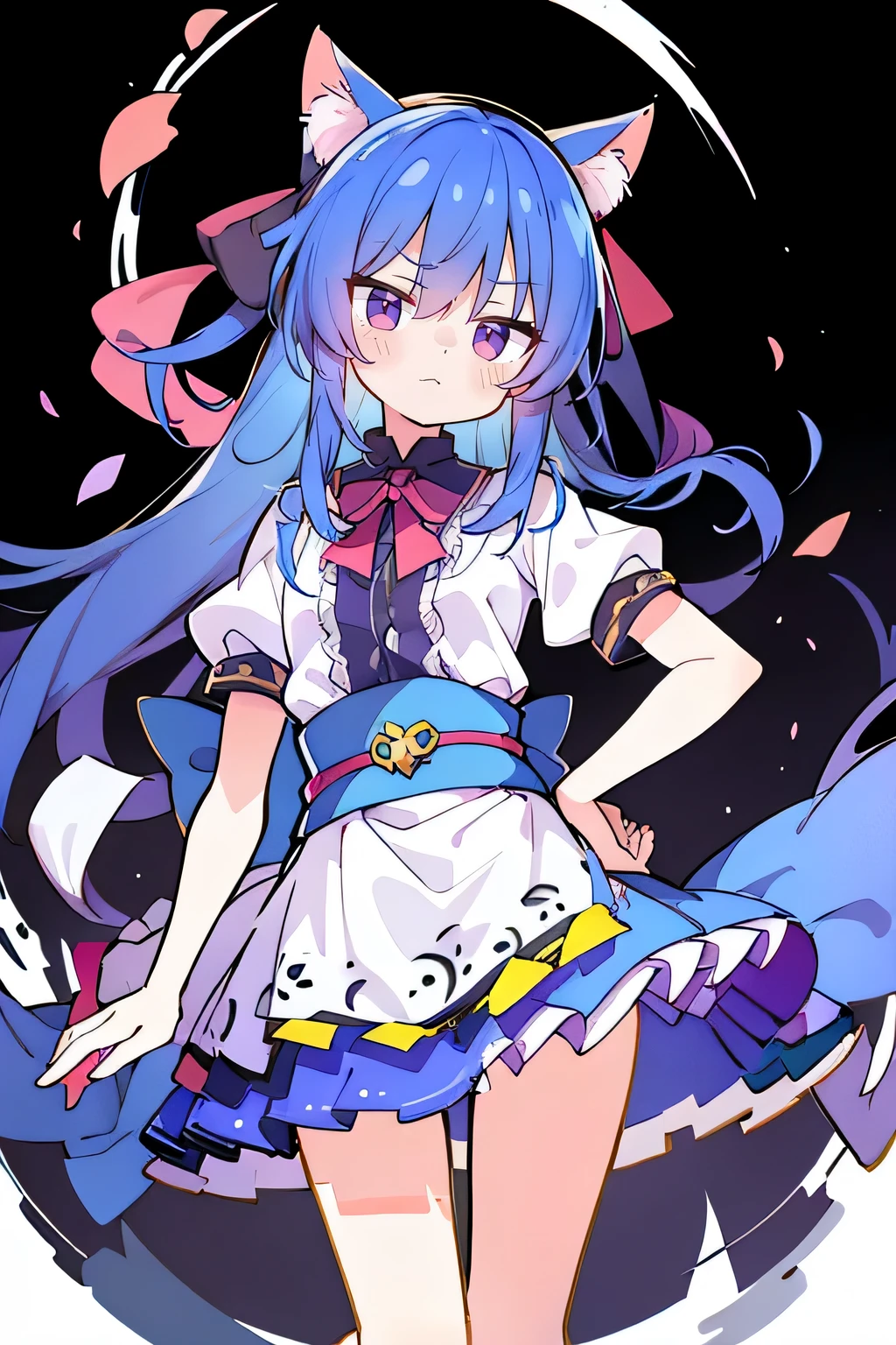(masterpiece),best quality, expressive eyes, perfect face, 1girl,
 Put your hands on your waist,fair, Gorgeous,Japanese cartoons,girl,lola,Hina Angel, blue hair, blue haired, floating clothes,Grab your waist, Grab your waist, hands on hips , hands on hips,sit, sit on ground, Legs on the ground, flat chest,cat ears,Petals fall,