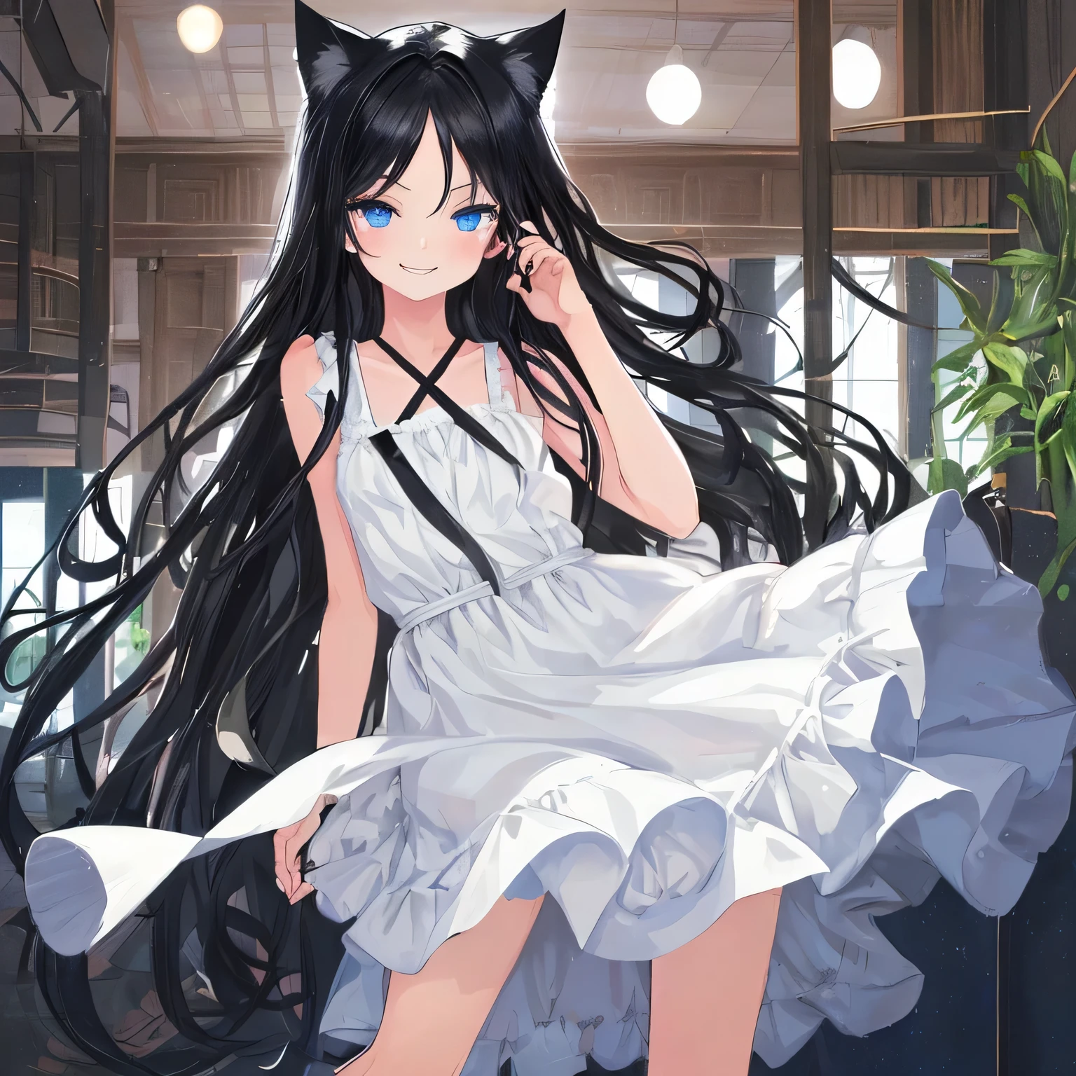 Beautiful illustrations, highest quality, pretty girl, Long black hair, Cat ear, blue eyes, Happy, White sundress, Race, Sleeveless, clavicle, indoor, Tilt your head,Pull up your skirt,Mischievous smile,