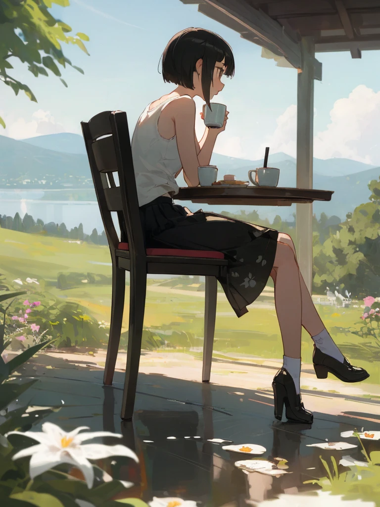 (looking-away:1.9),(from side:1.5),(masterpiece:1.2), (best quality),(ultra detailed),(extremely detailed),(absolutely resolution) ,absurdres,8k, 1girl-drinking-hot-coffee-in-cafeteria-outdoor,sitting-on-the-woody-chair, cake, beautiful-landscape-background, mountain, shinny-lake, flowers,
BREAK, ultra detailed eyes, bobcut, (gradation hair:1.3), tanktops, skirt,