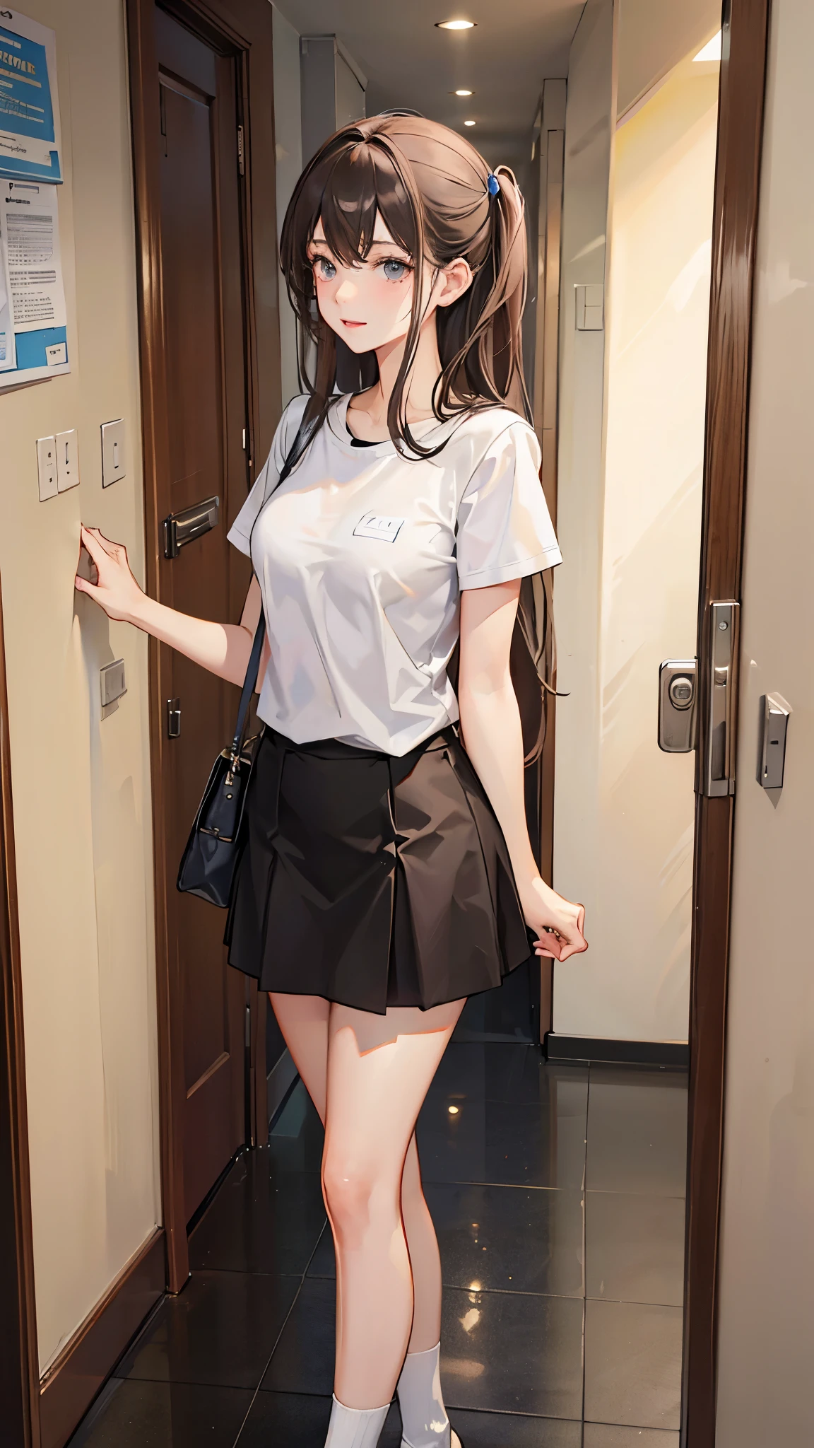 high quality, 4k, university student girl, white short shirt and short black skirt, she's at hallway of university
